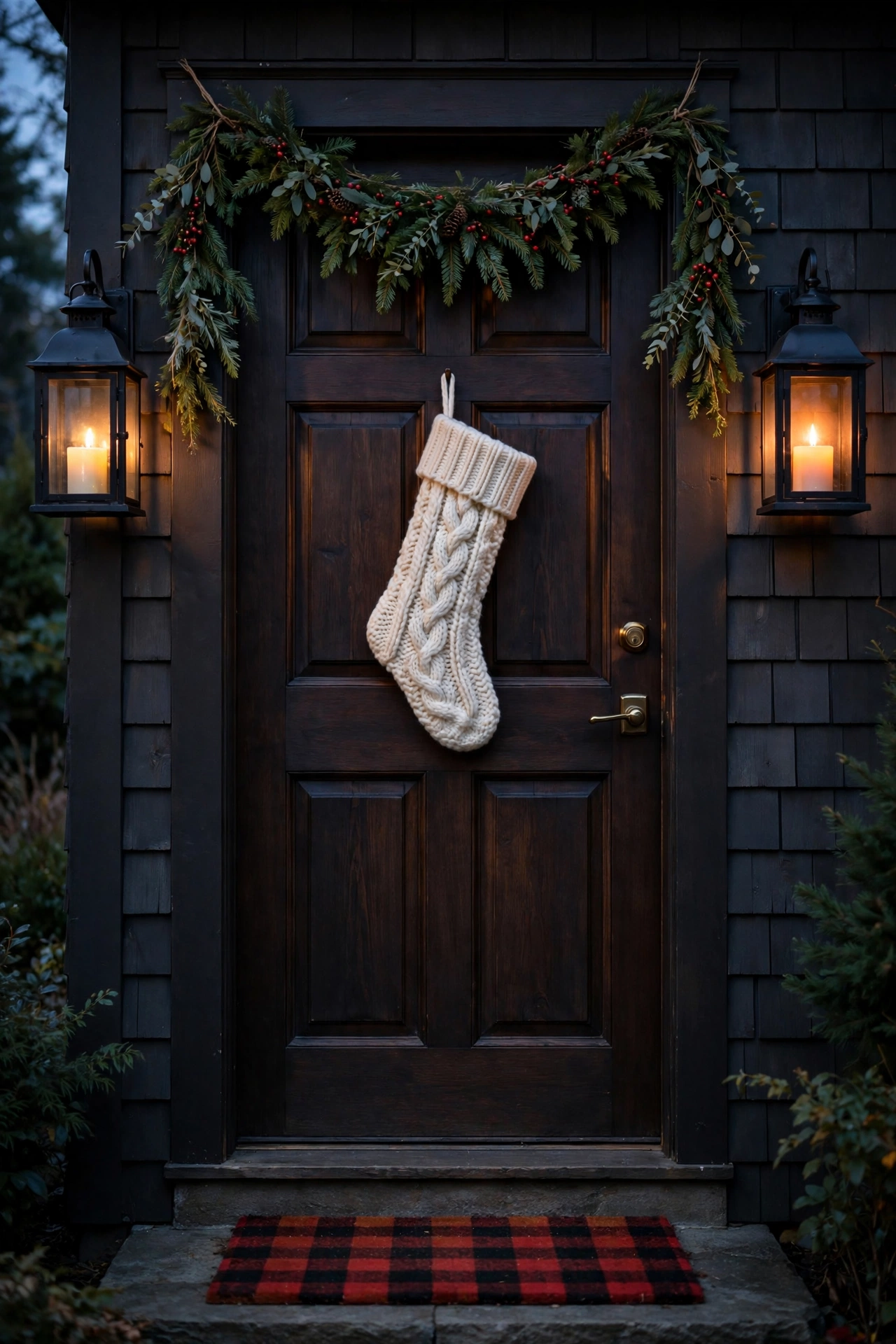 Glowing lanterns and evergreen swag on cozy Christmas door