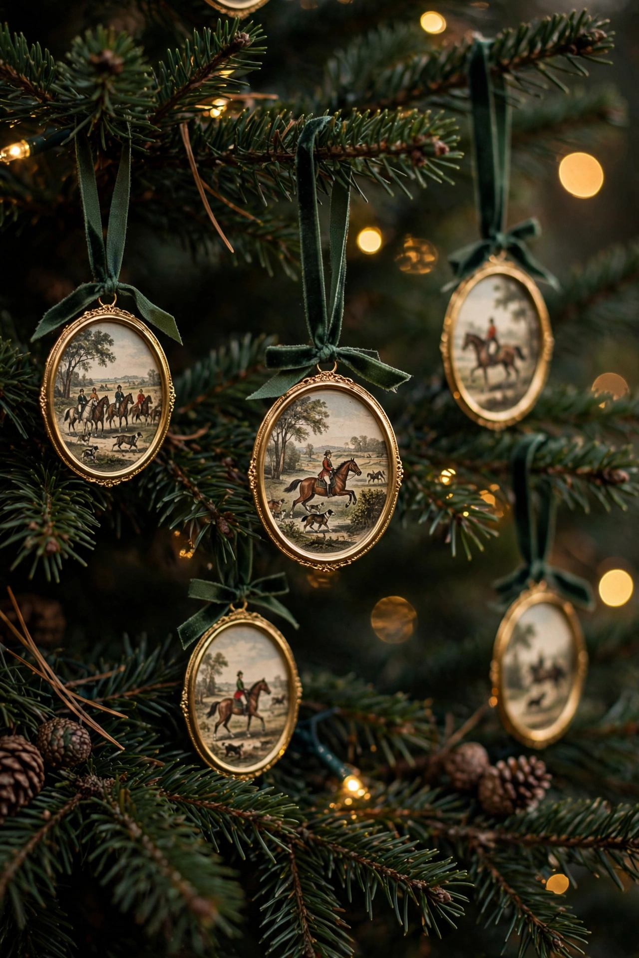 Framed hunt scene ornaments hanging on Christmas tree