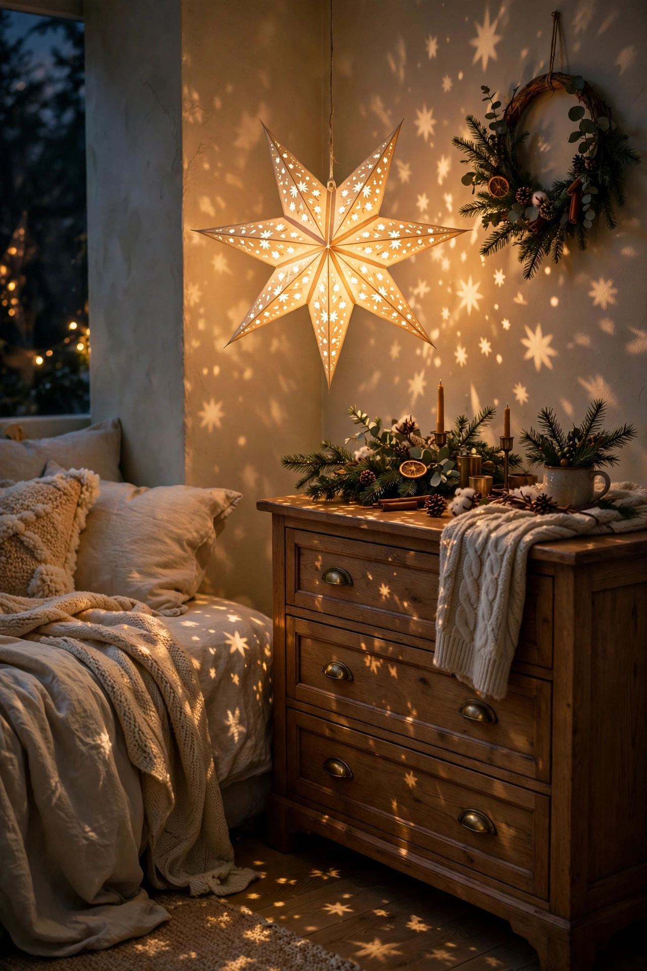 Glowing star shaped night light in cozy Christmas bedroom