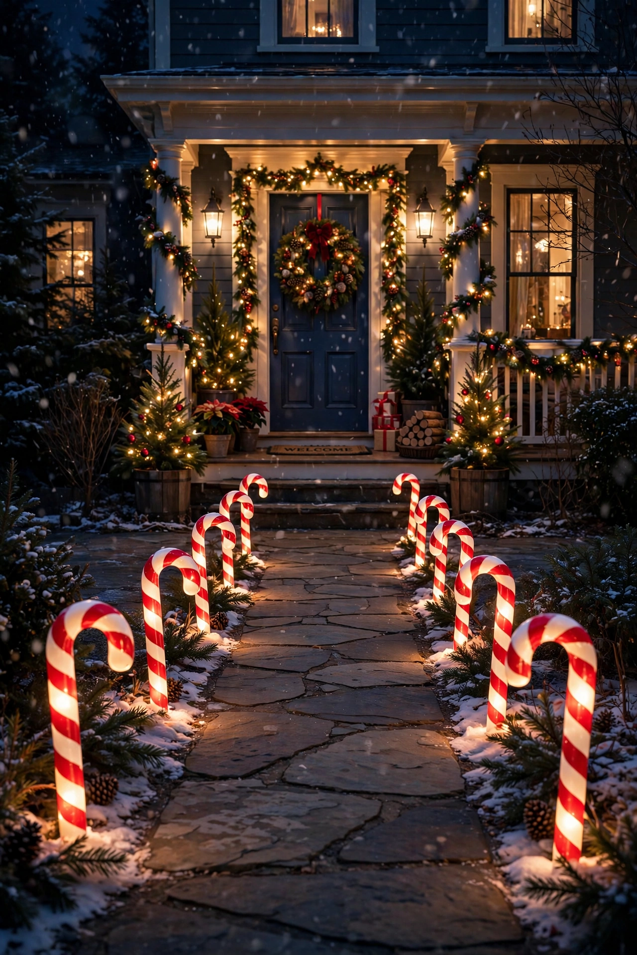 A walkway lined with glowing candy cane pathway markers leading to a decorated front porch at night.