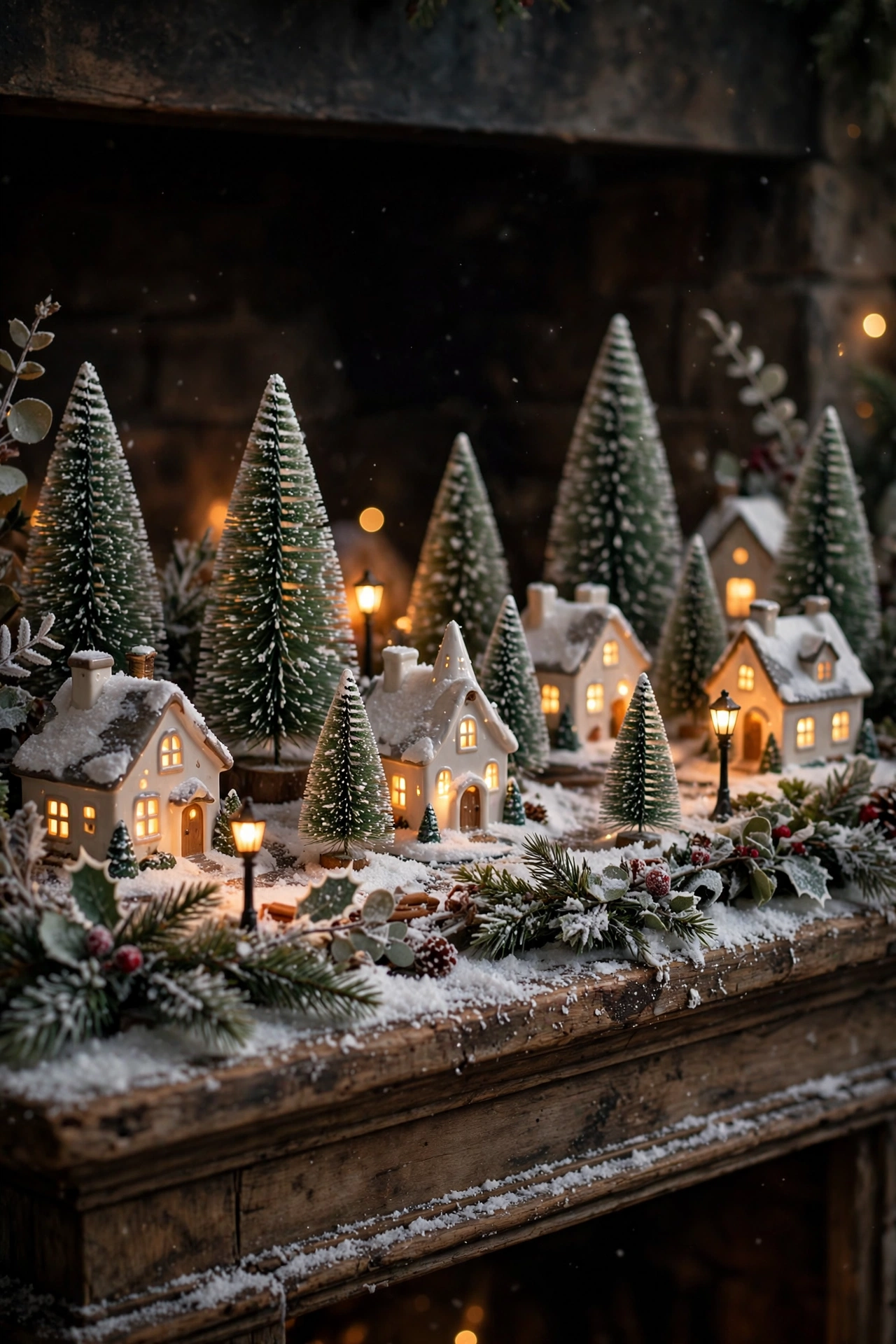 A miniature snowy Christmas village with tiny lit houses arranged on a mantle.