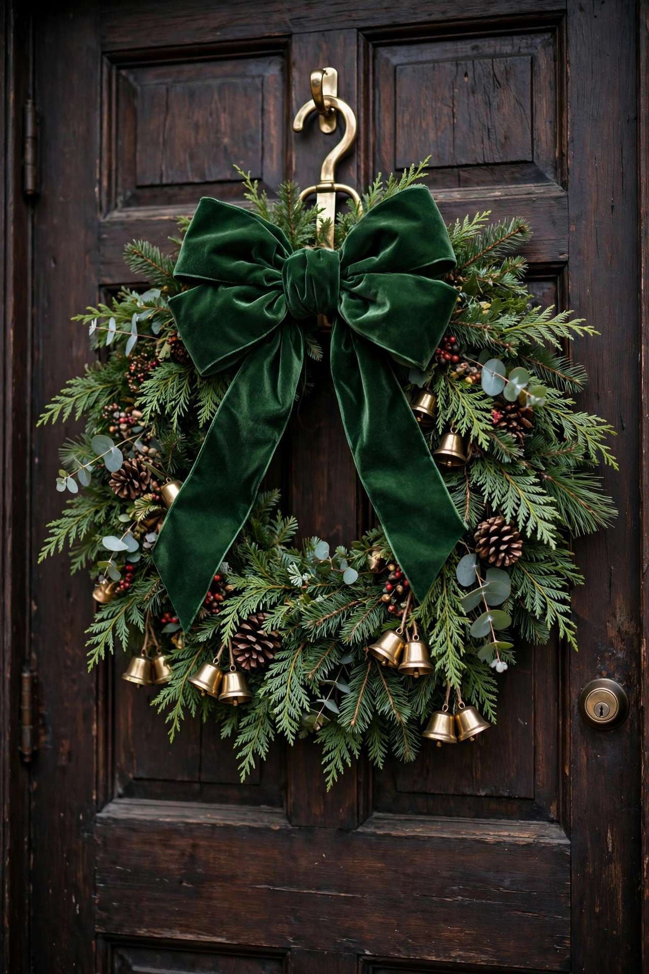 Front door Christmas wreath with large green velvet bow