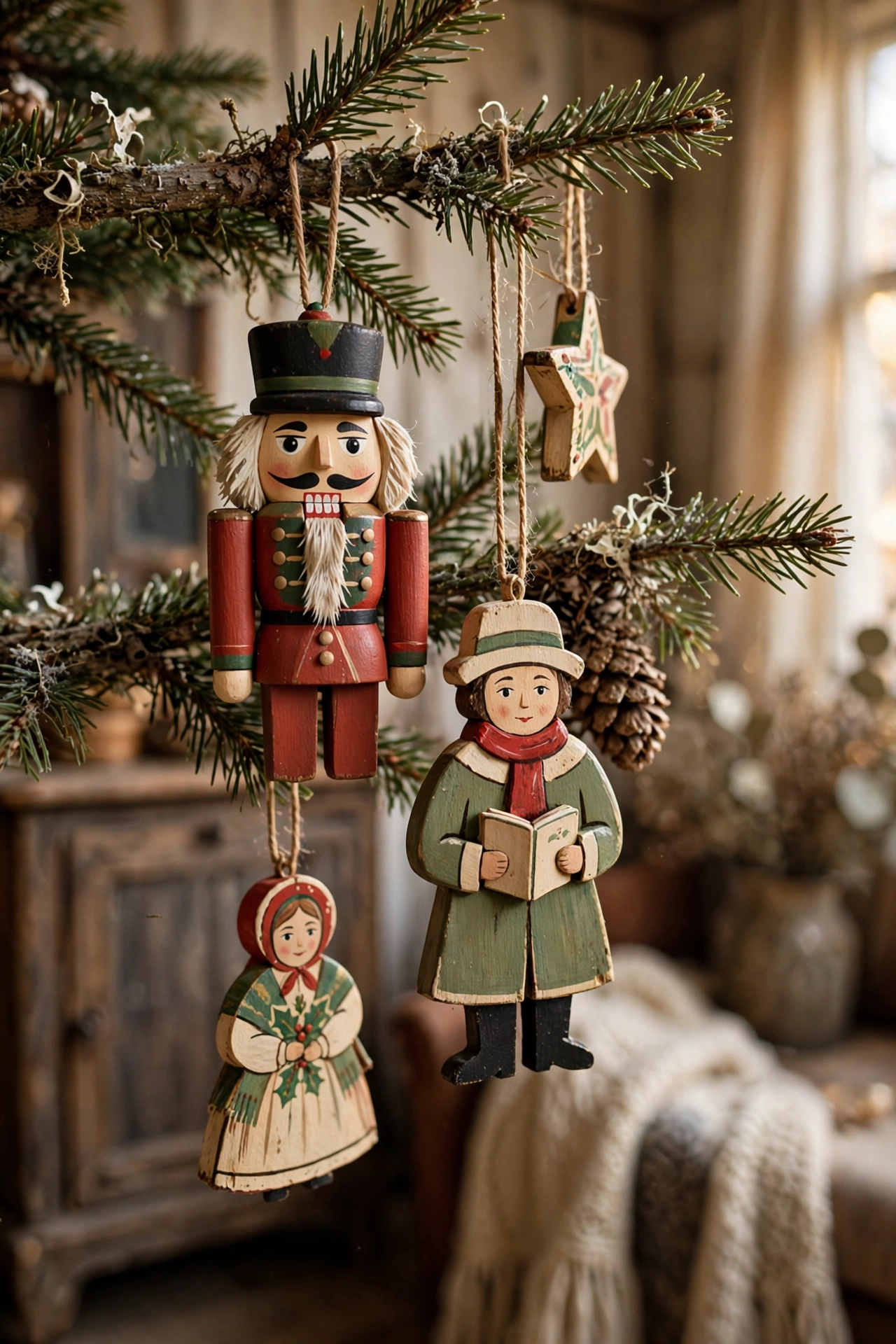 Wooden folk art nutcracker ornaments on vintage Christmas tree