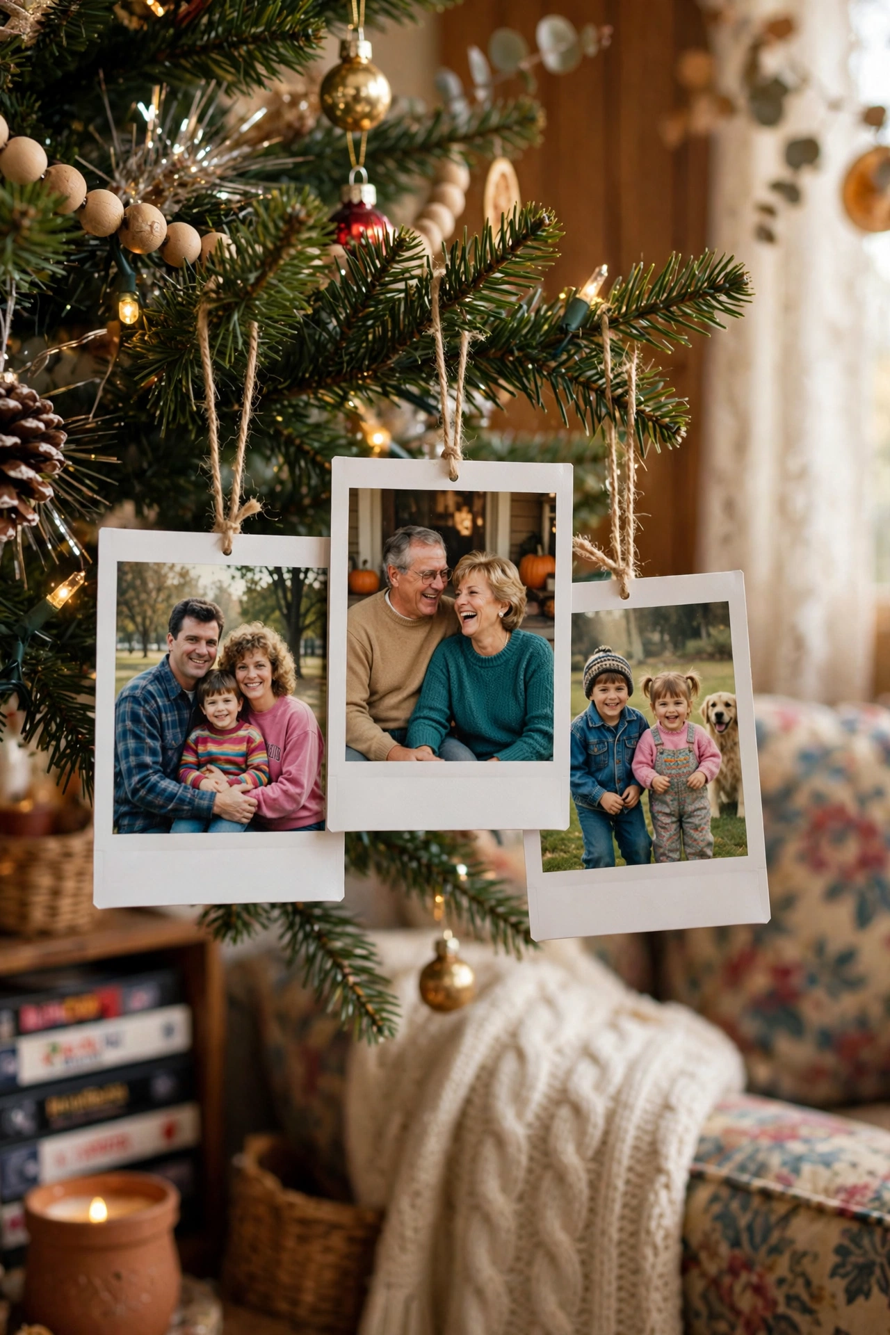 Polaroid style photo ornaments hanging on 90s Christmas tree