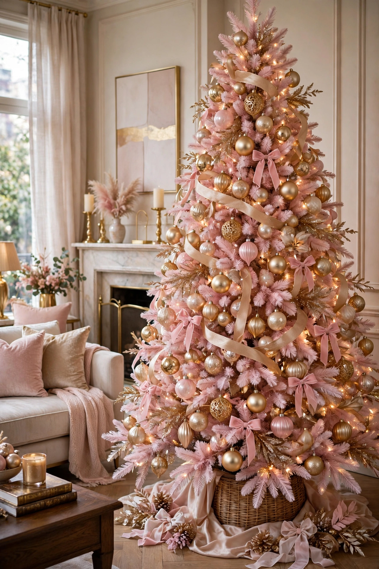 A luxurious pink and champagne colored Christmas tree with elegant ornaments in an upscale living room.