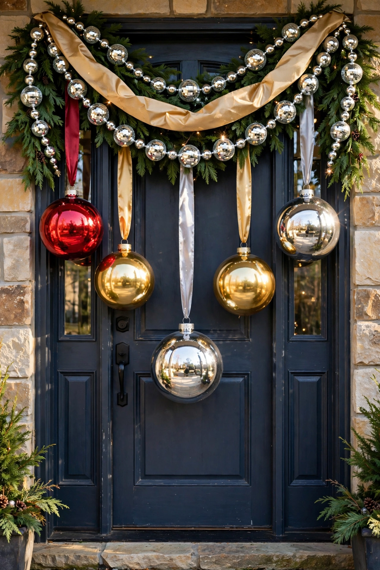 Oversized shiny Christmas ornaments hanging on front door