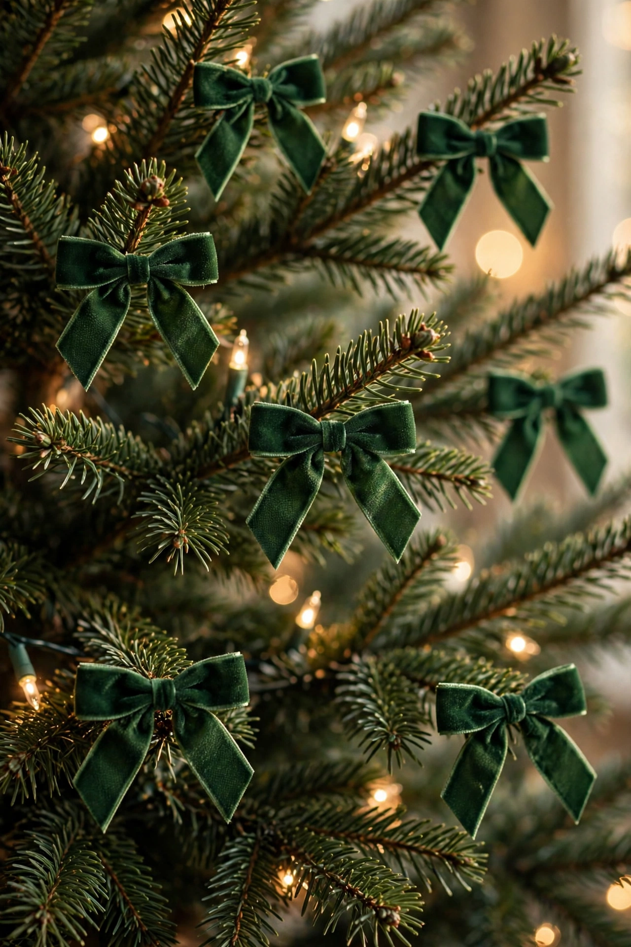 Forest green velvet bows scattered on Christmas tree