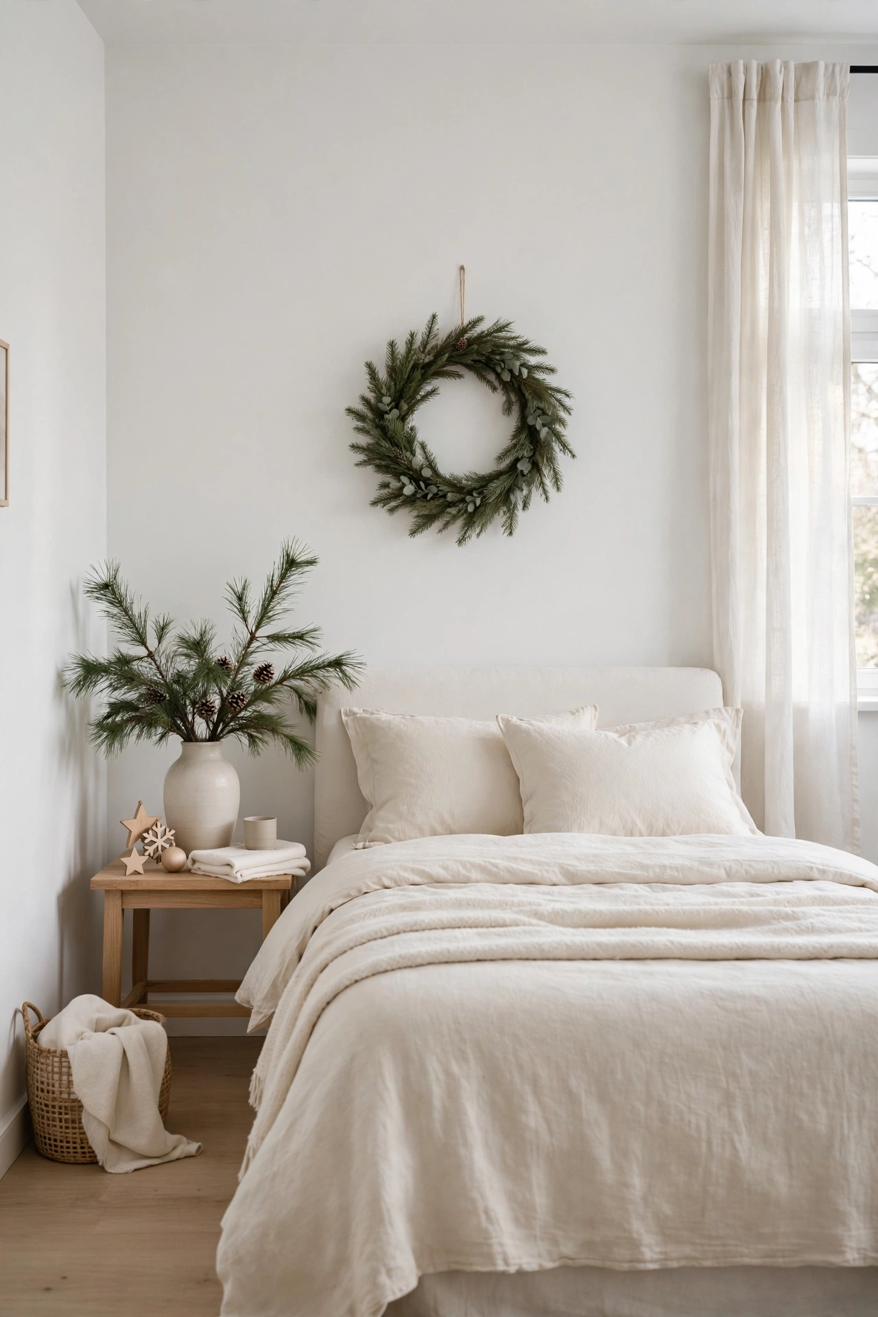 White neutral Christmas bedroom with natural pine branch accents