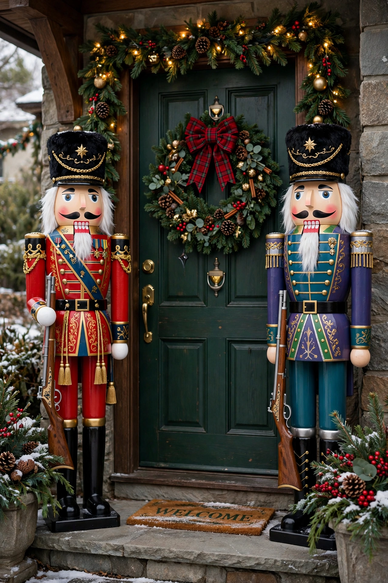 A pair of tall colorful nutcracker soldiers standing guard beside a Christmas front door.