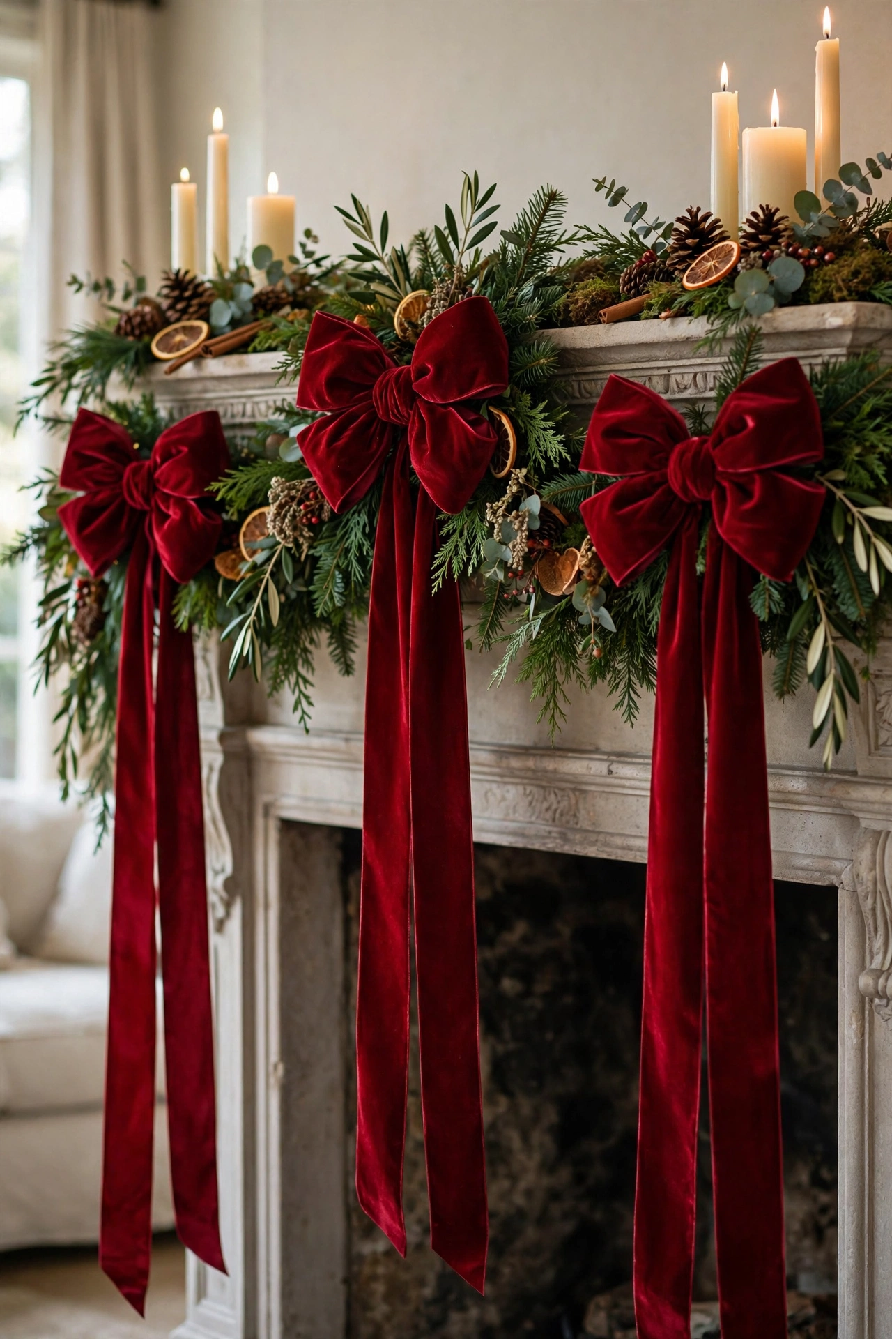 A Christmas mantle with large velvet ribbon bows tied along a lush green garland.