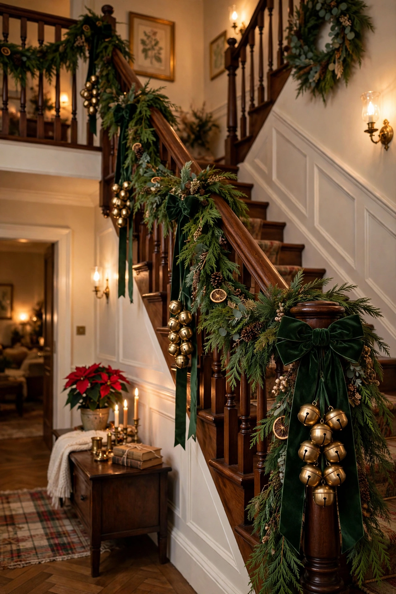 Staircase banister decorated with brass sleigh bells and garland