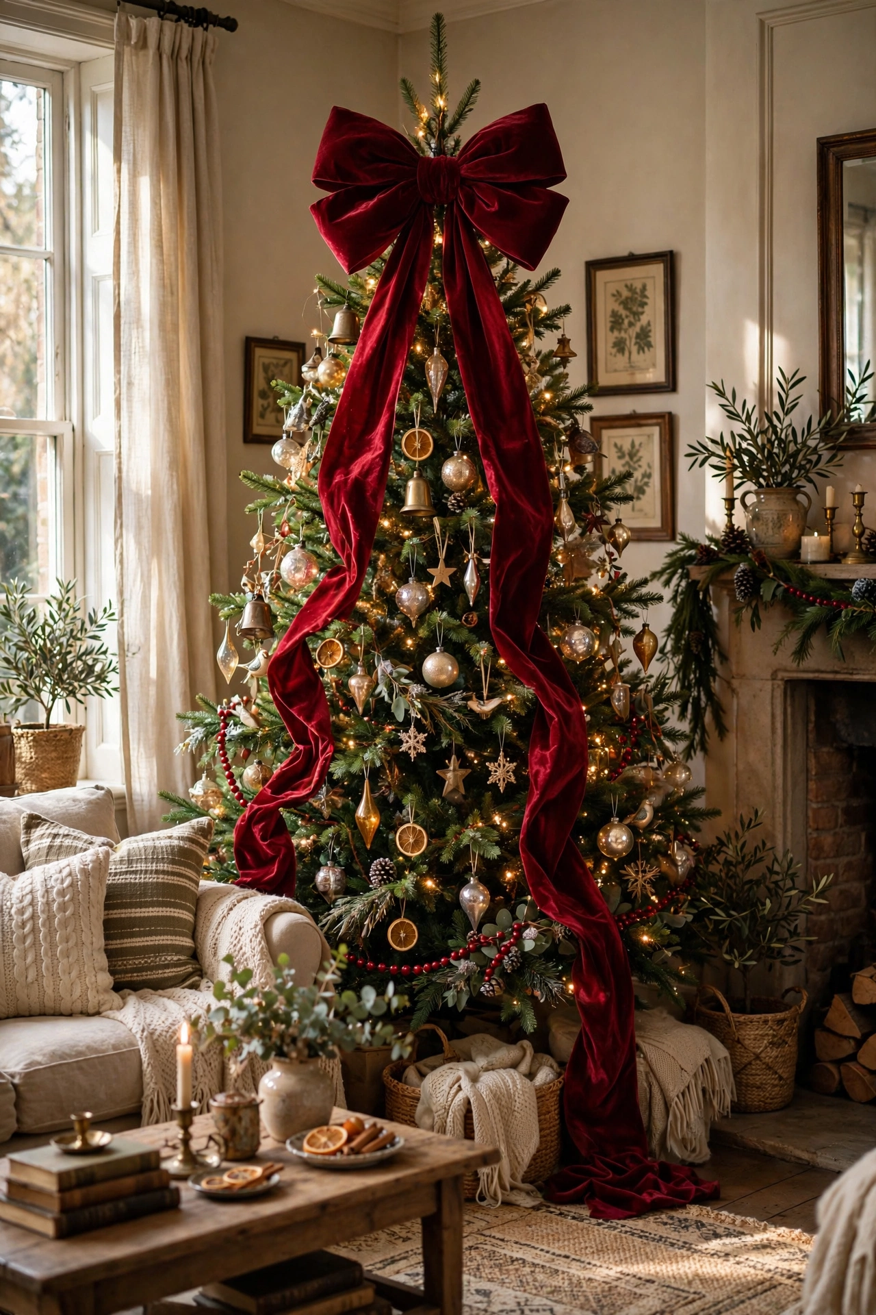 Velvet ribbon bow topper on vintage Christmas tree