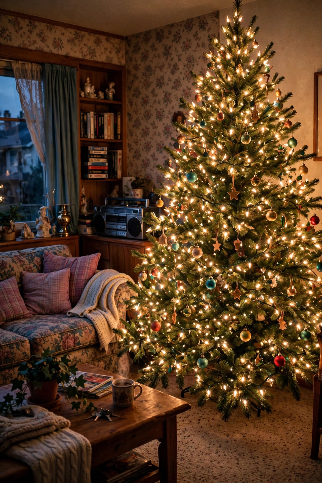 Clear mini Christmas lights glowing on 90s tree branches