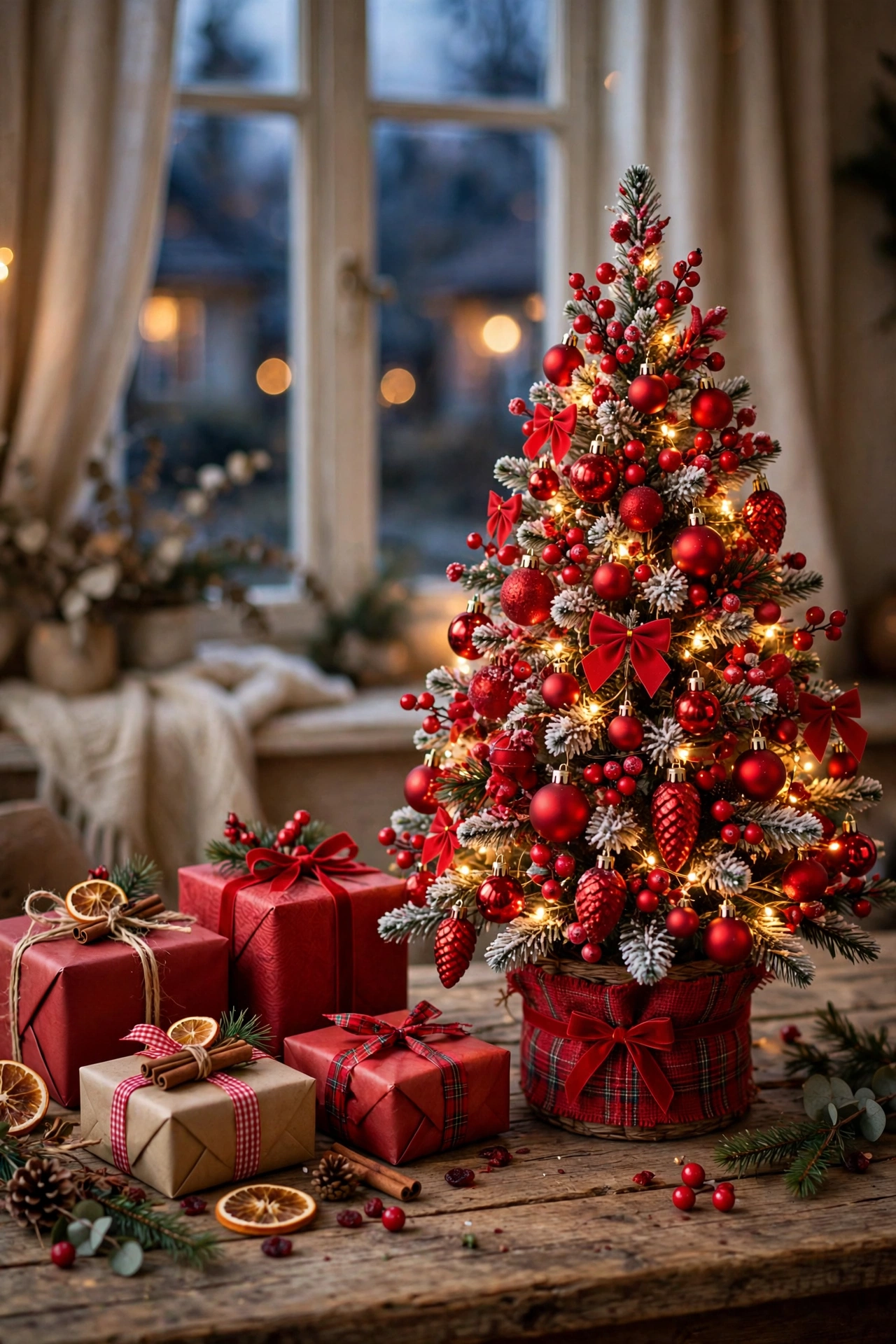 A small red decorated mini Christmas tree on a wooden tabletop with wrapped gifts beside it.