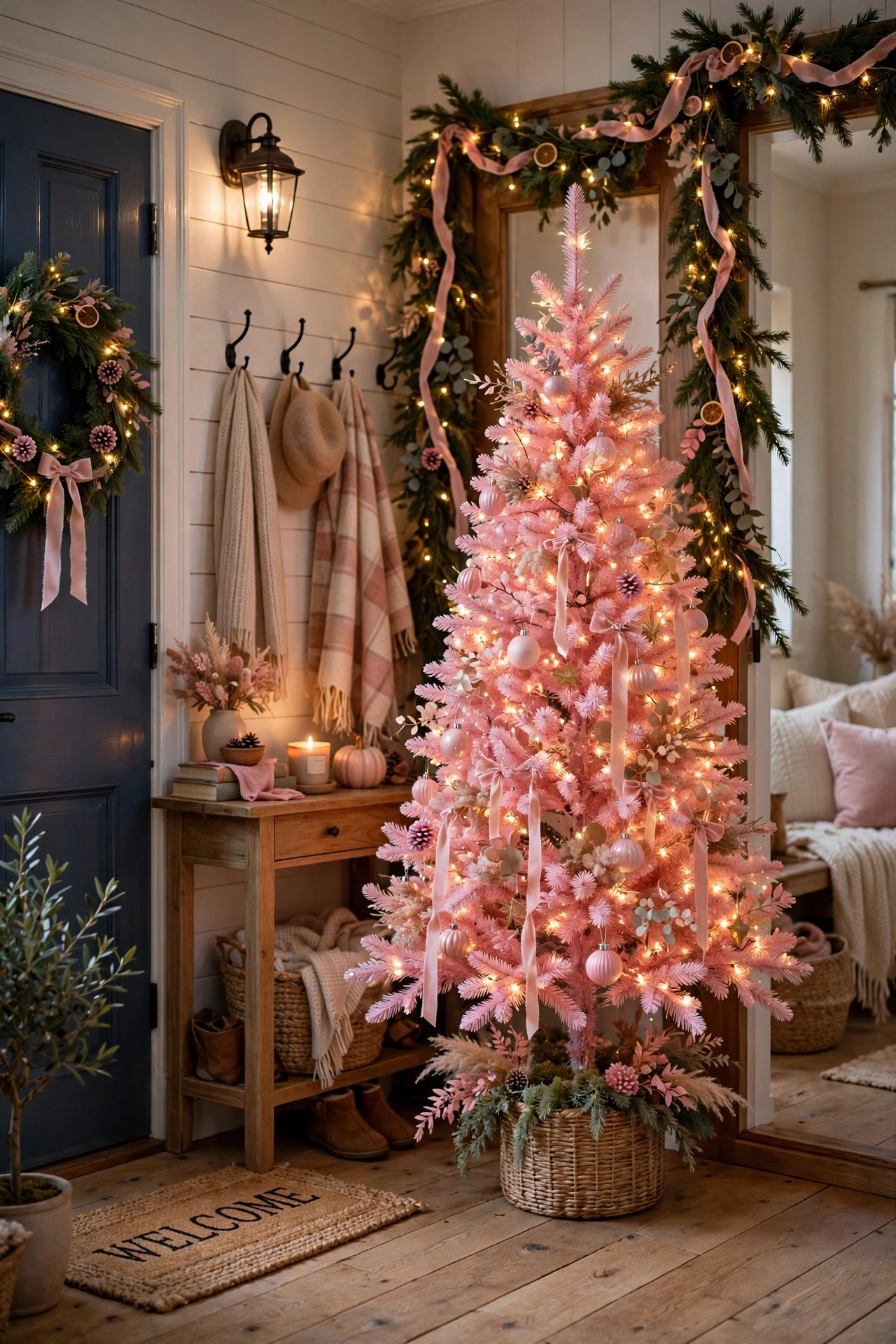 A pink Christmas tree with warm fairy lights in a welcoming home entryway with cozy decor.
