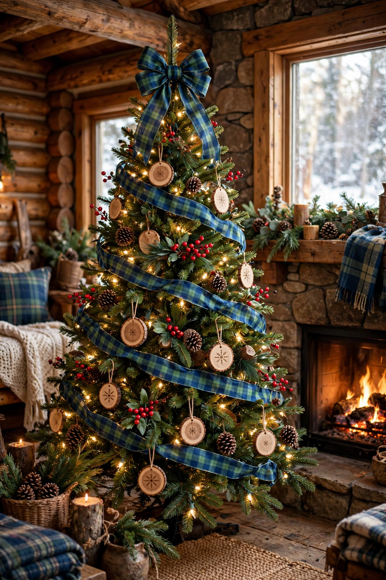 Blue plaid ribbon on cozy lodge Christmas tree