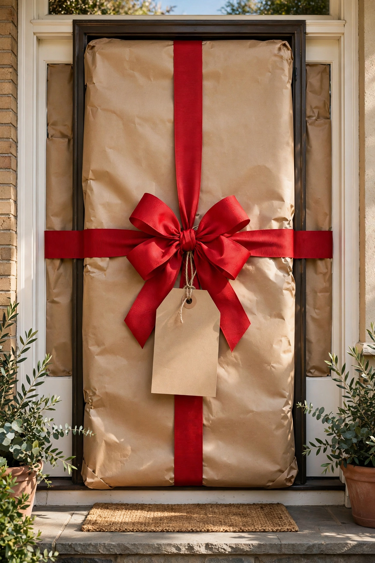 Front door wrapped in gift paper with ribbon and bow