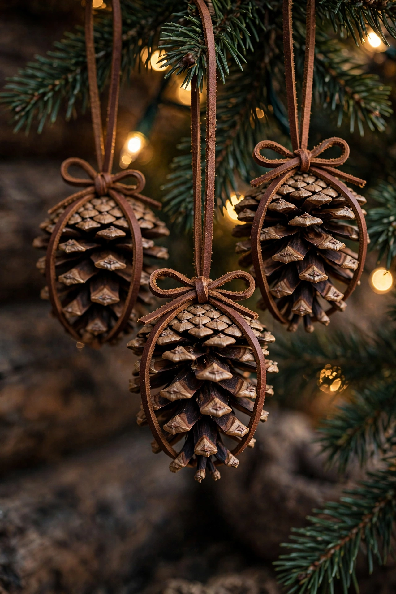 Leather wrapped pinecone ornaments hanging on a Christmas tree