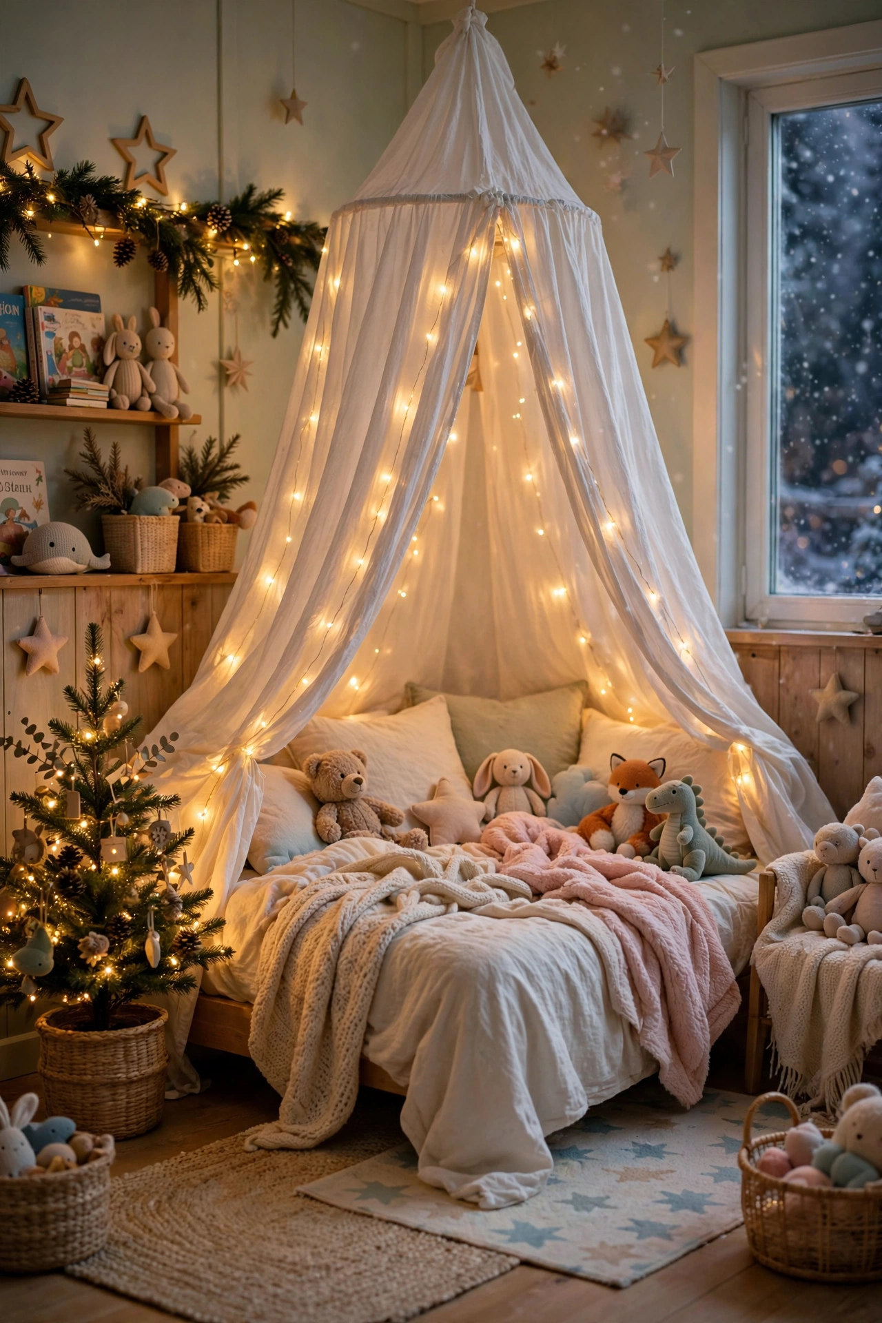 Kids bedroom with Christmas tent canopy and fairy lights