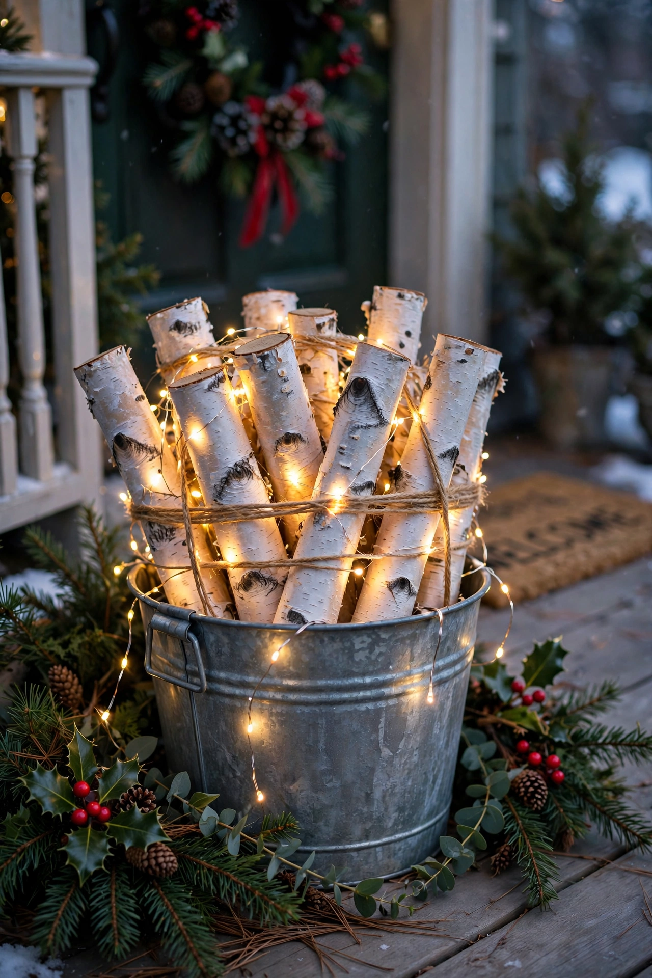 A bundle of white birch logs wrapped in warm fairy lights in a metal bucket on a porch.