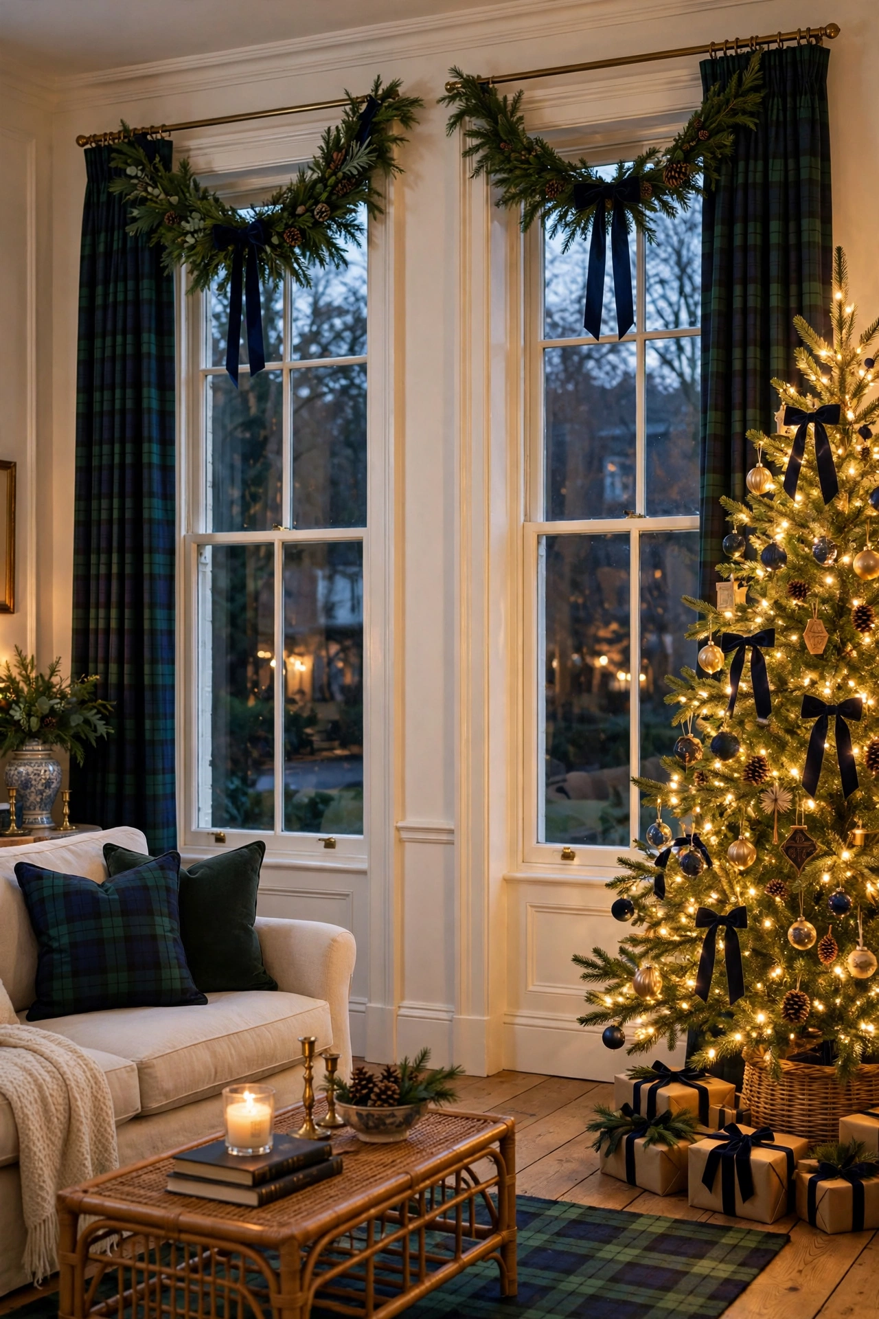 Living room windows with plaid curtains and evergreen swags