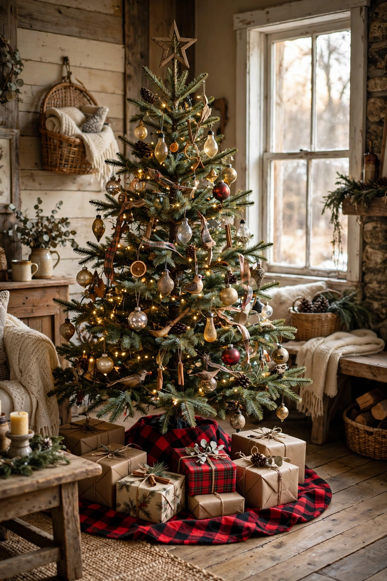 Plaid tree skirt under vintage Christmas tree with gifts