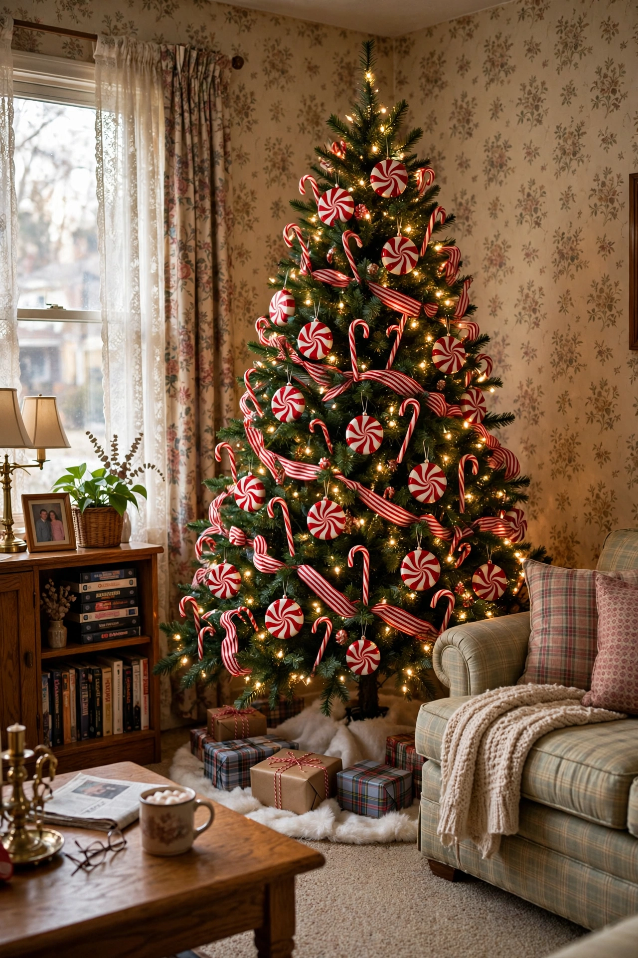 Candy red and white peppermint tree with striped ornaments