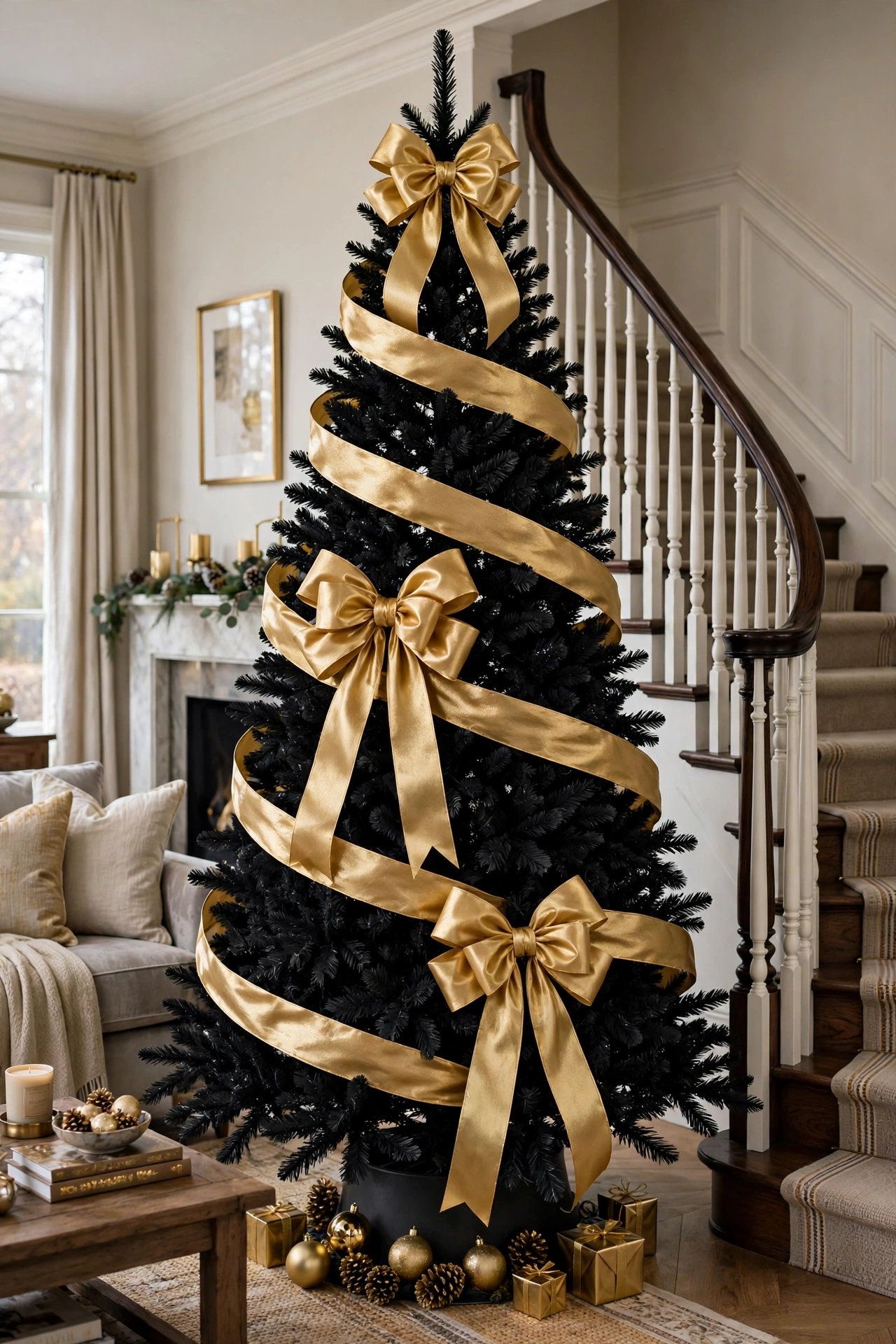 Black Christmas tree wrapped with wide gold ribbon and big gold bows in an elegant living room