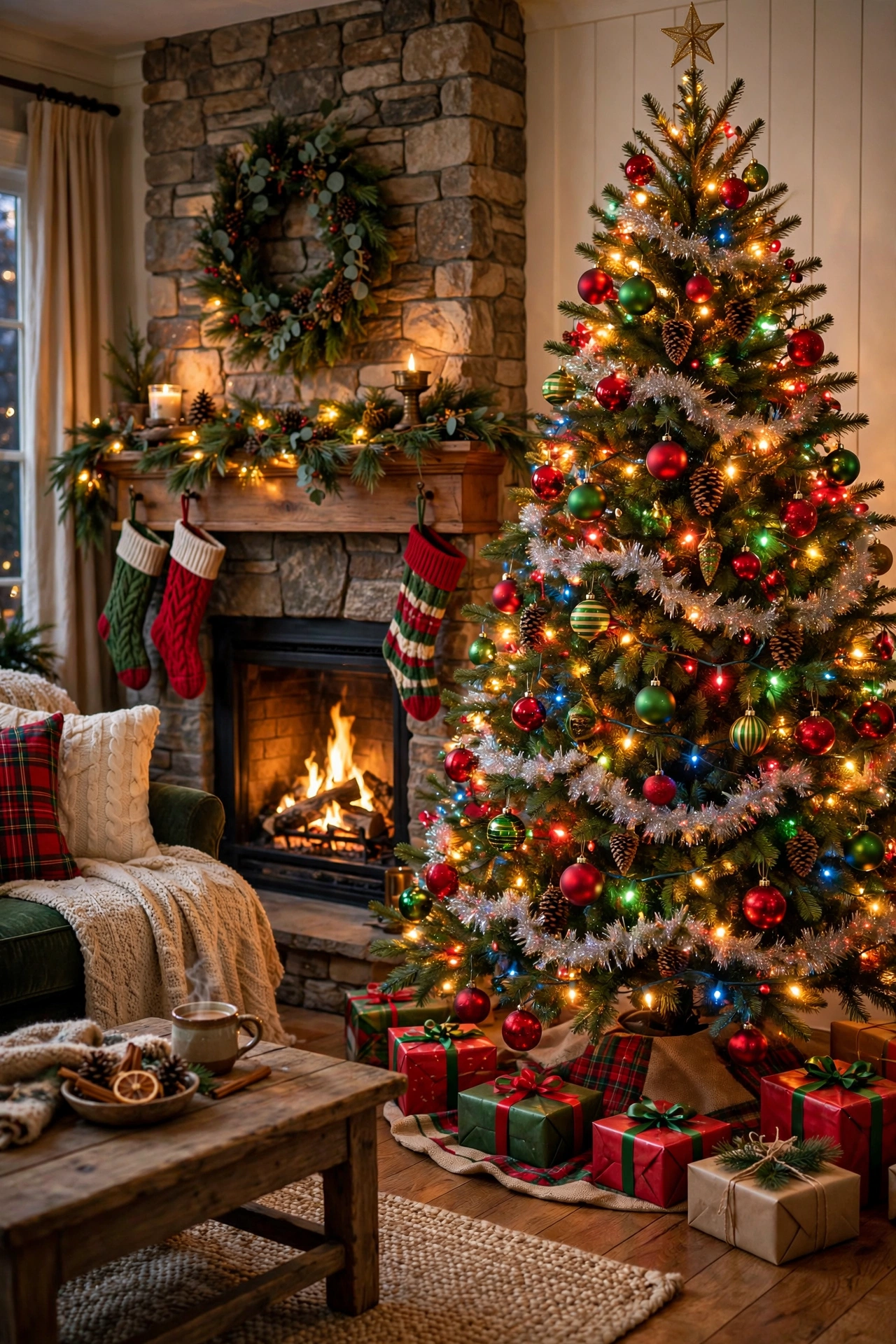 A traditional Christmas tree with classic red and green ornaments and tinsel in a family living room.