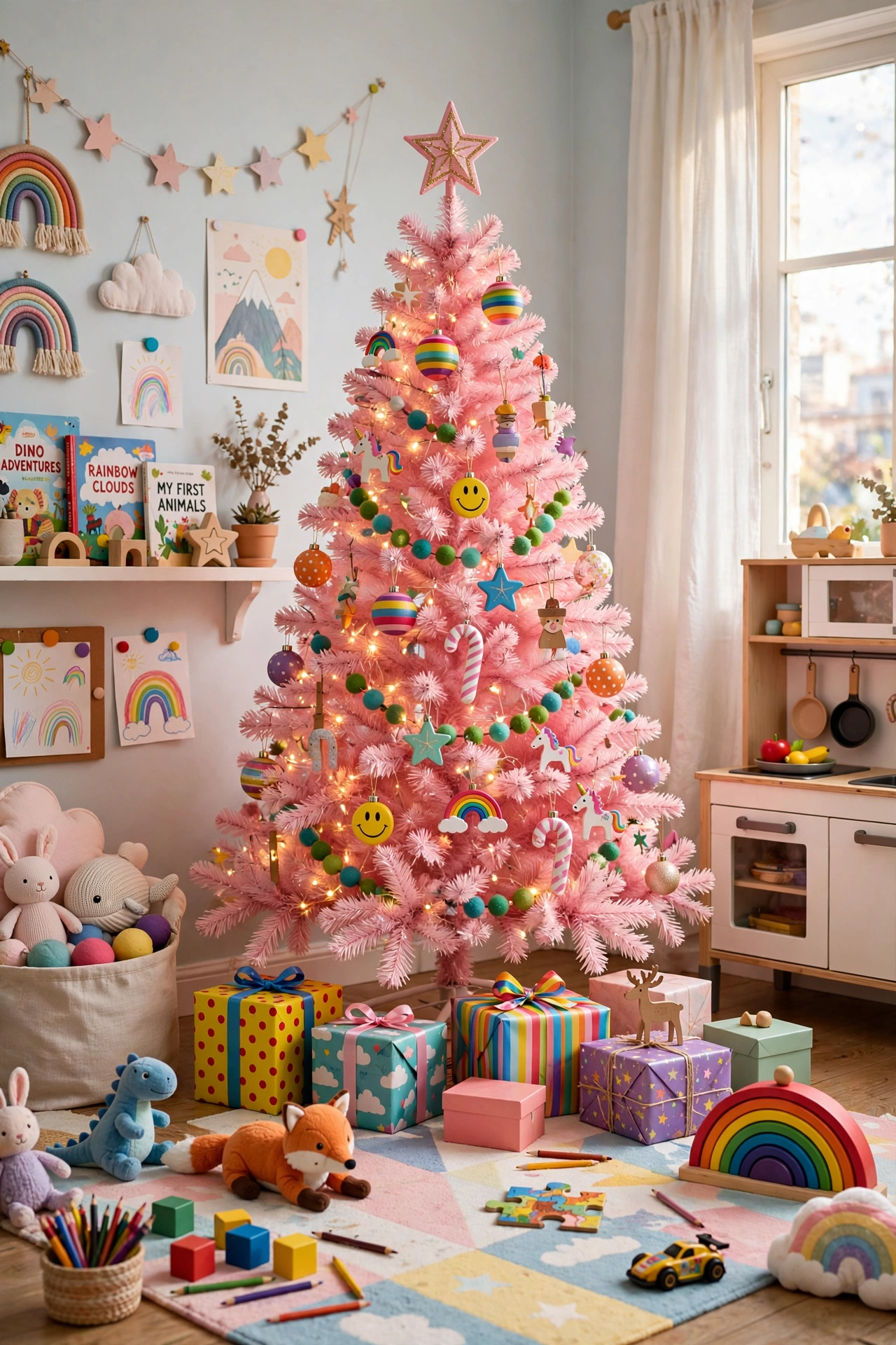 A fun pink Christmas tree in a childrens room with colorful playful ornaments and toys around it.