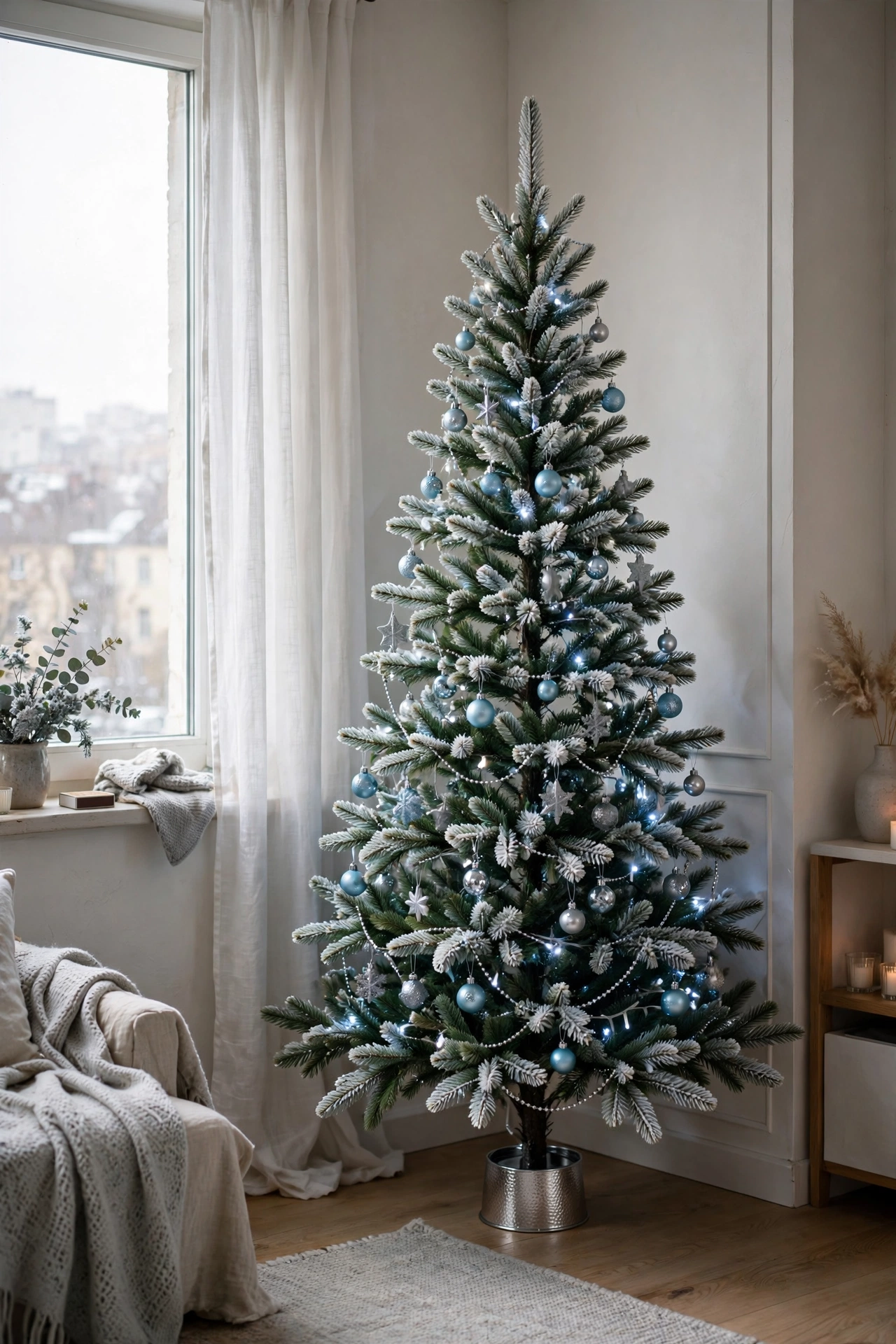 Slim frosted blue Christmas tree for small spaces