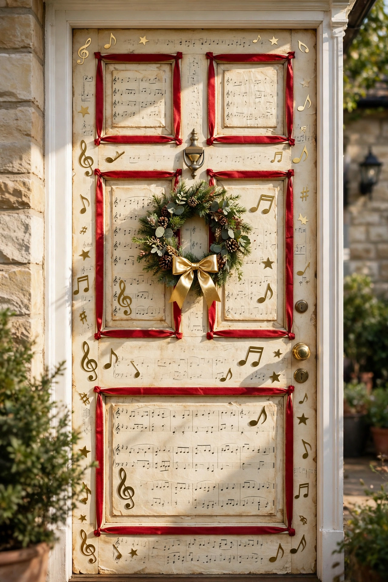 Vintage Christmas sheet music decoupage on front door