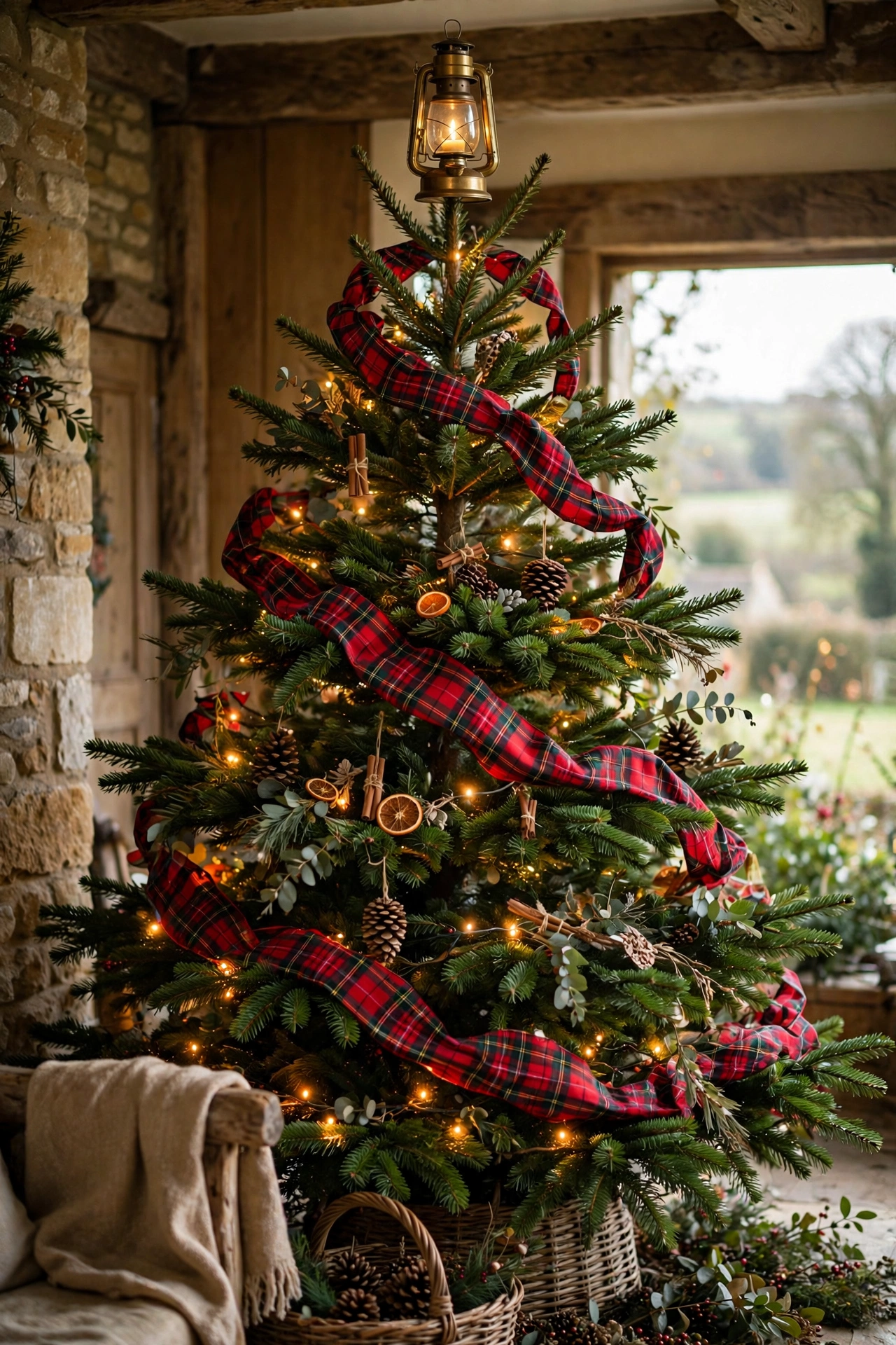 Small brass lantern tree topper on Christmas tree