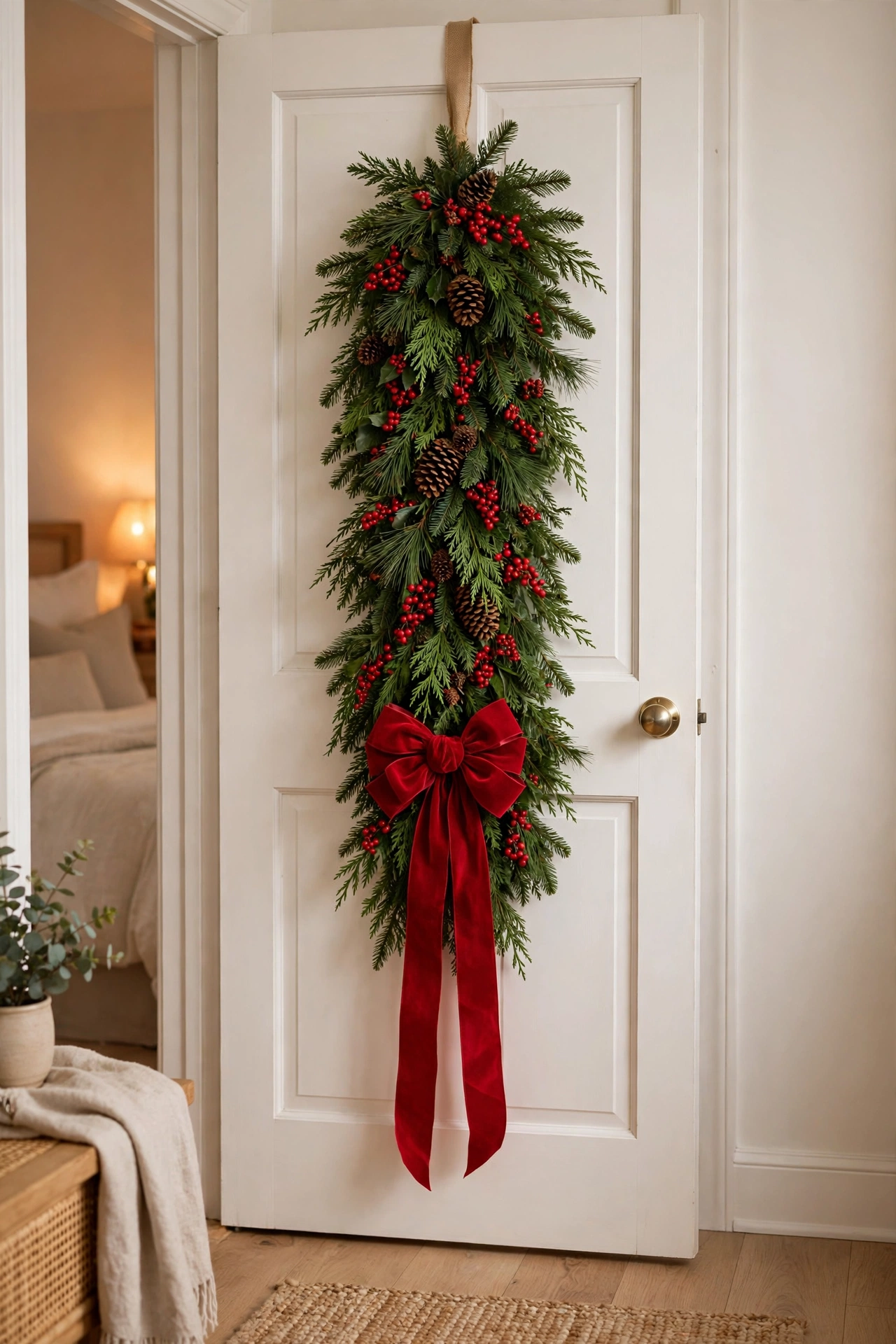 Evergreen Christmas swag hanging on bedroom door with red bow