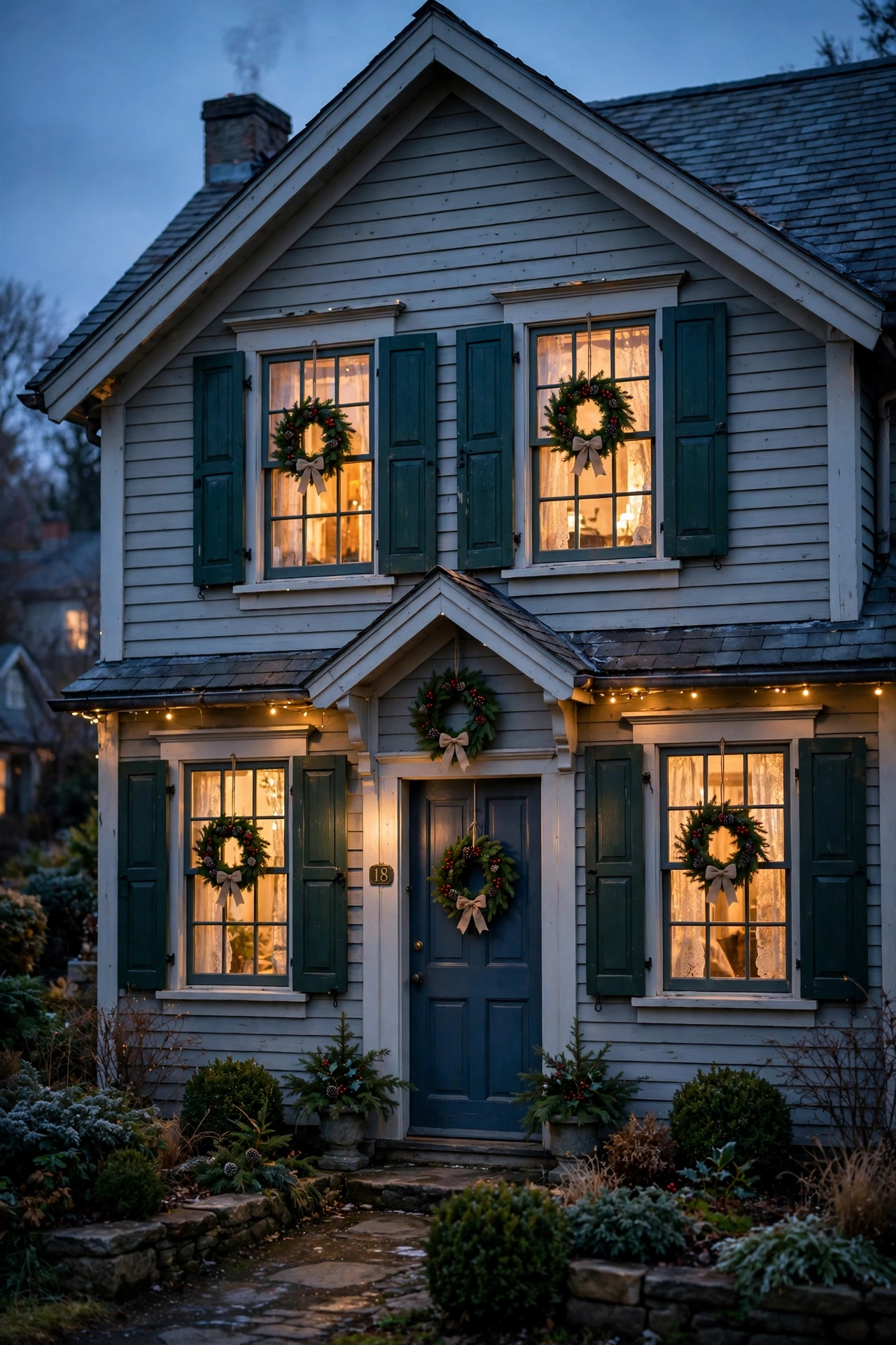 A charming house front with small matching Christmas wreaths hanging on every window.
