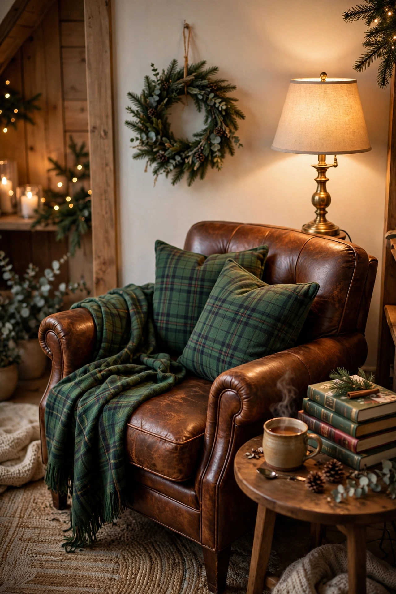 Cozy Christmas reading nook with tartan pillows and throw