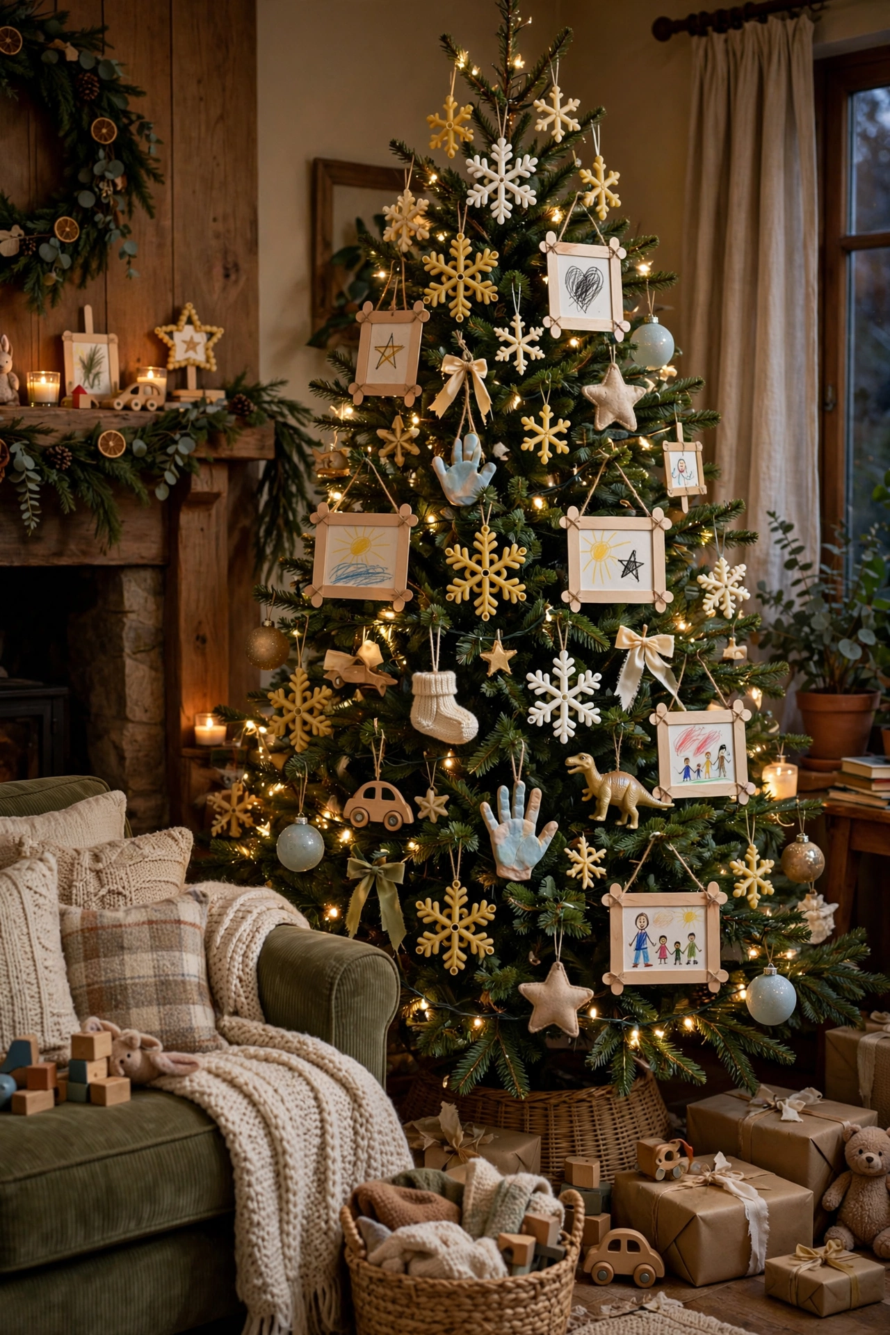 Childhood keepsake ornaments decorating nostalgic vintage Christmas tree