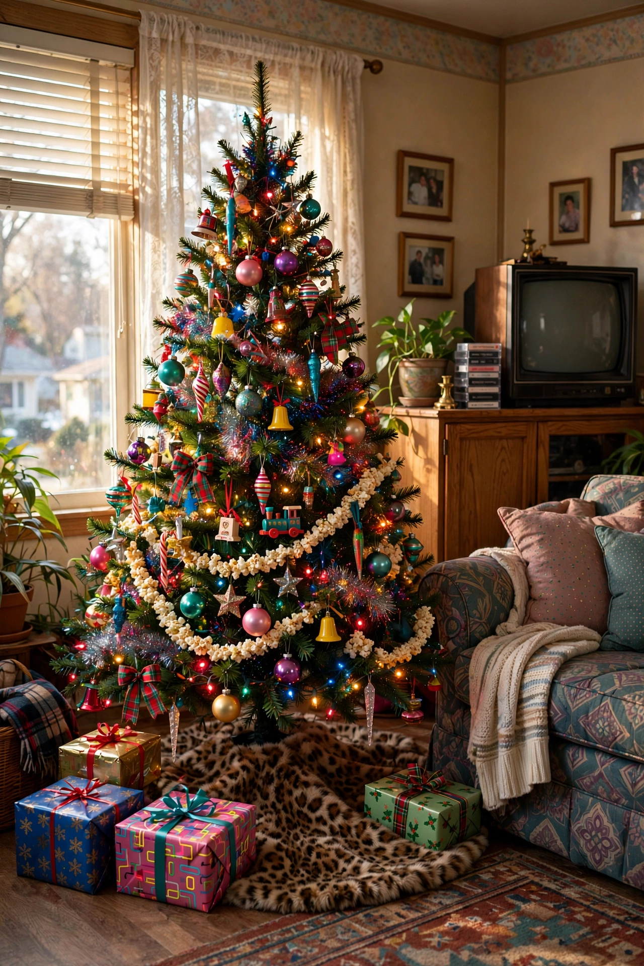 Fuzzy leopard print tree skirt under 90s Christmas tree
