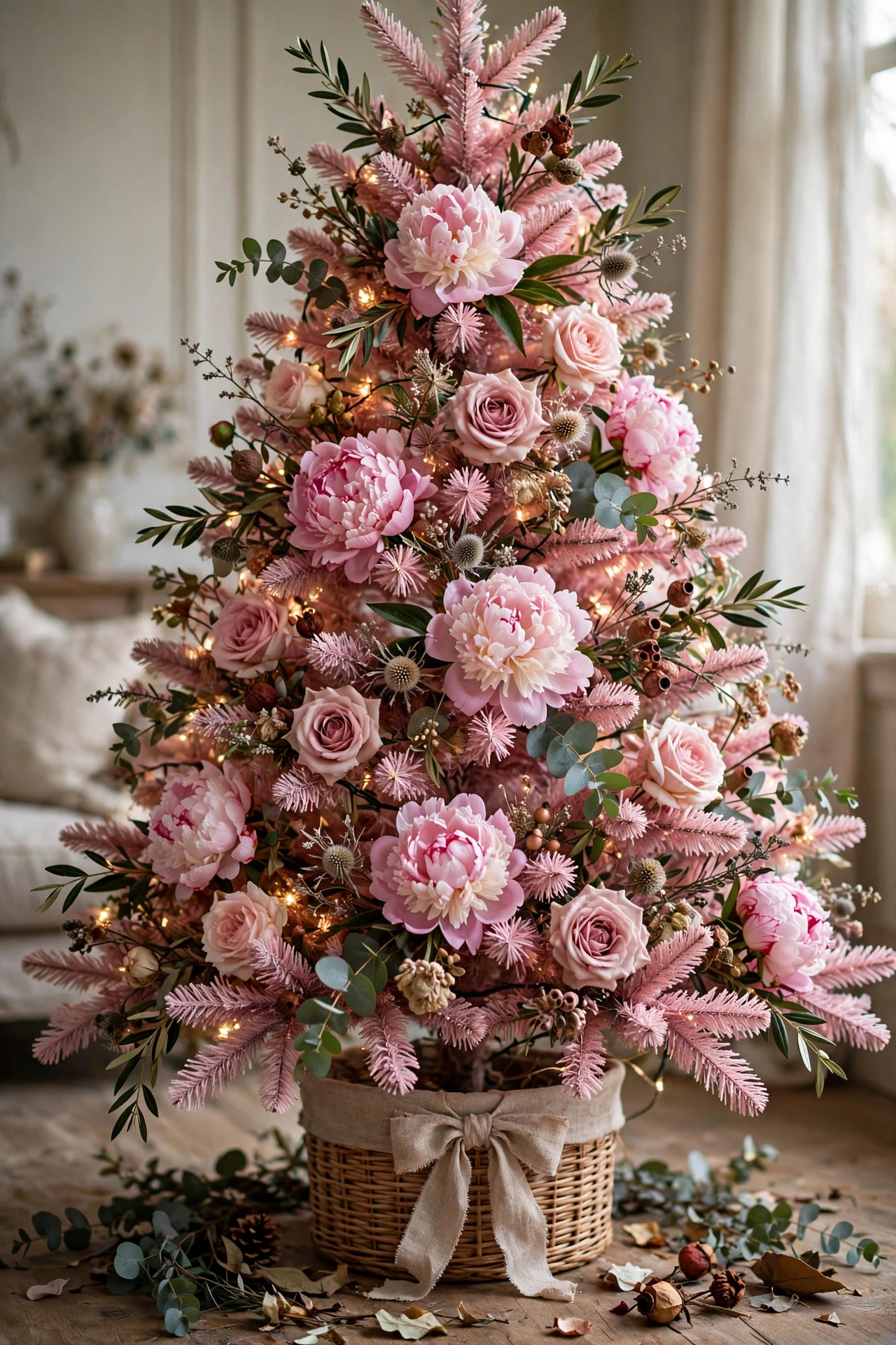 A pink Christmas tree adorned with floral blooms, peonies and roses woven among the branches.