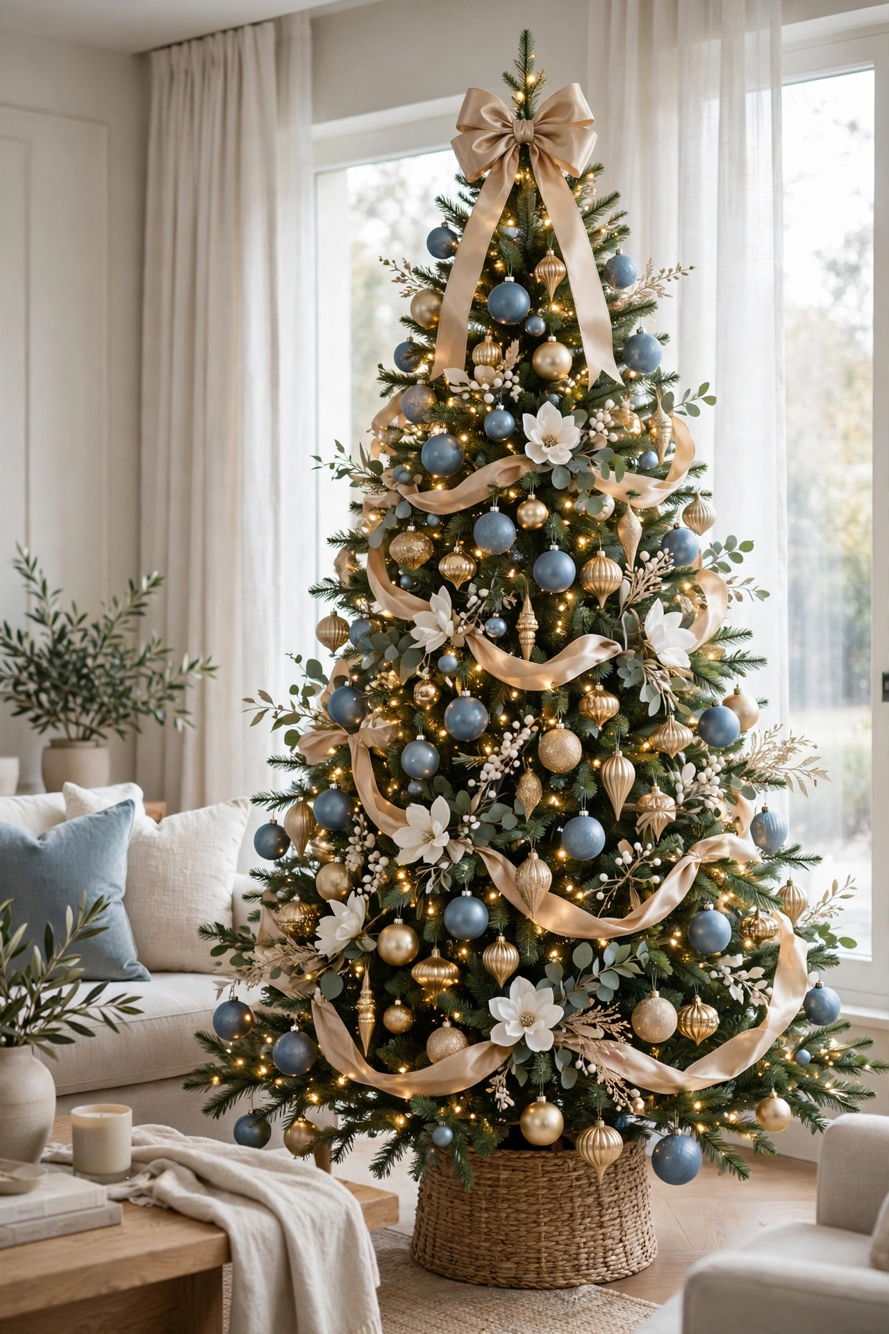 Elegant blue and champagne Christmas tree in living room