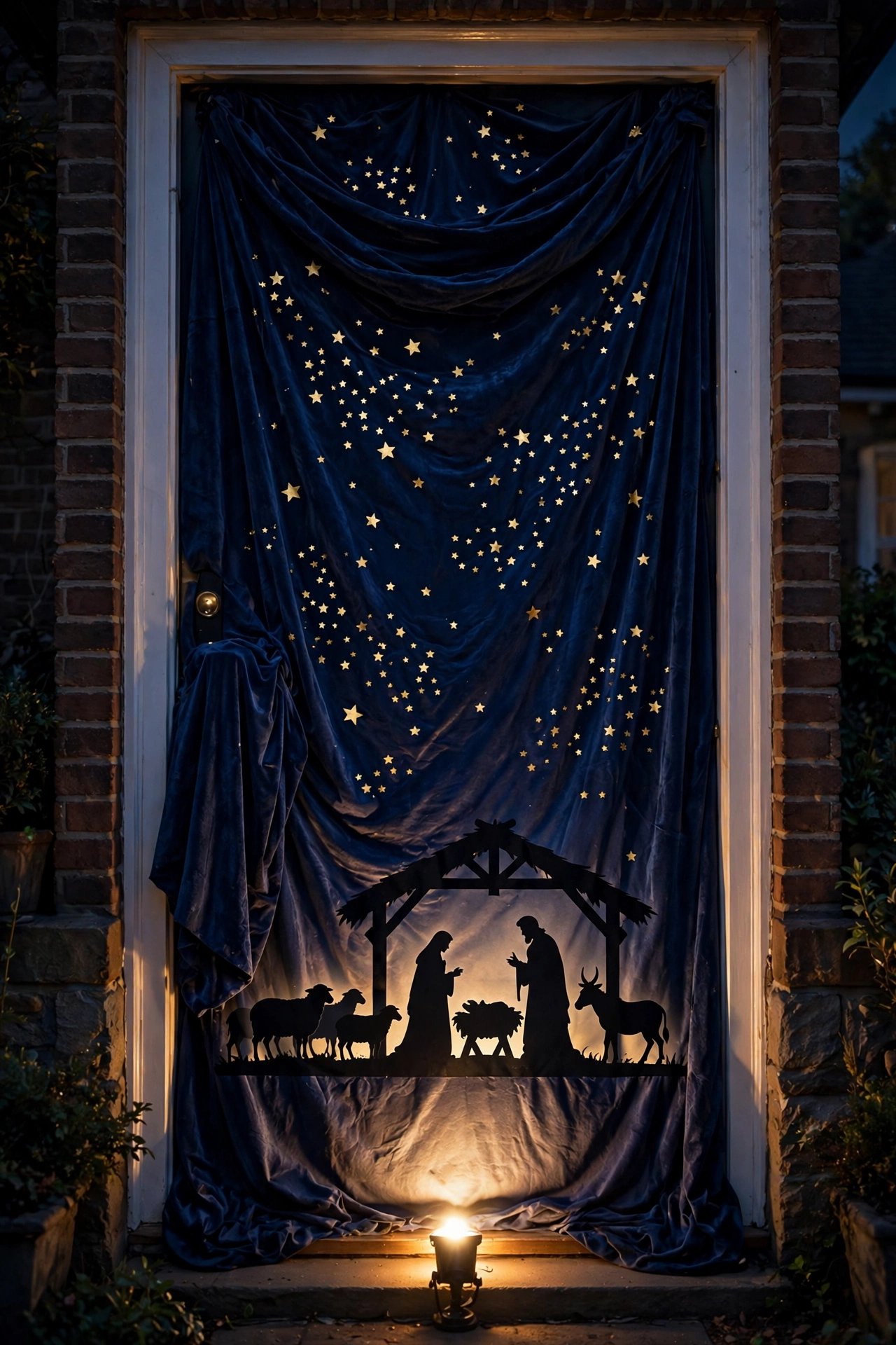 Starry night nativity silhouette glowing on Christmas door