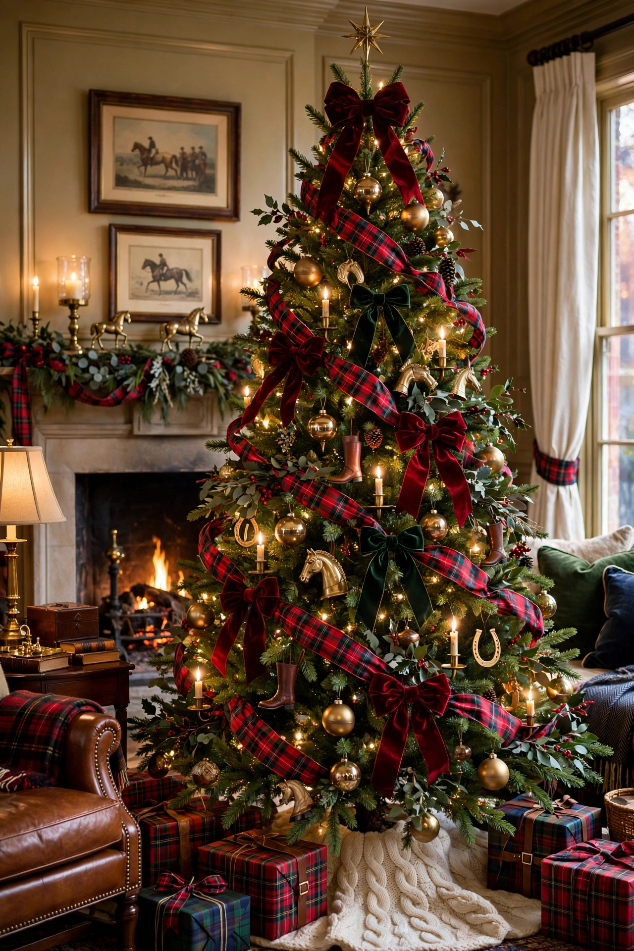 Full heritage Americana Ralph Lauren Christmas tree in living room