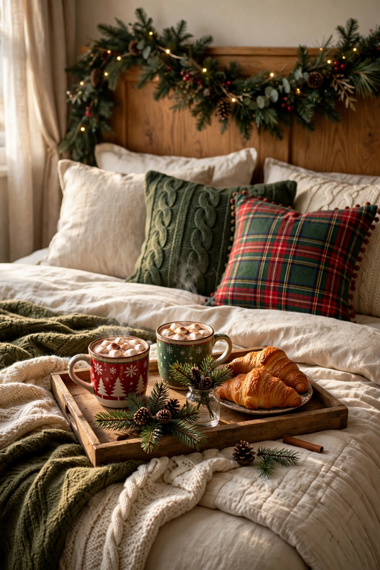 Christmas morning breakfast tray with cocoa on festive bed