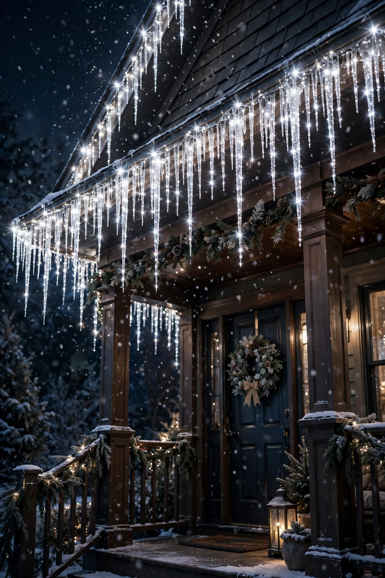 A front porch roofline dripping with sparkling white Christmas icicle lights at night.