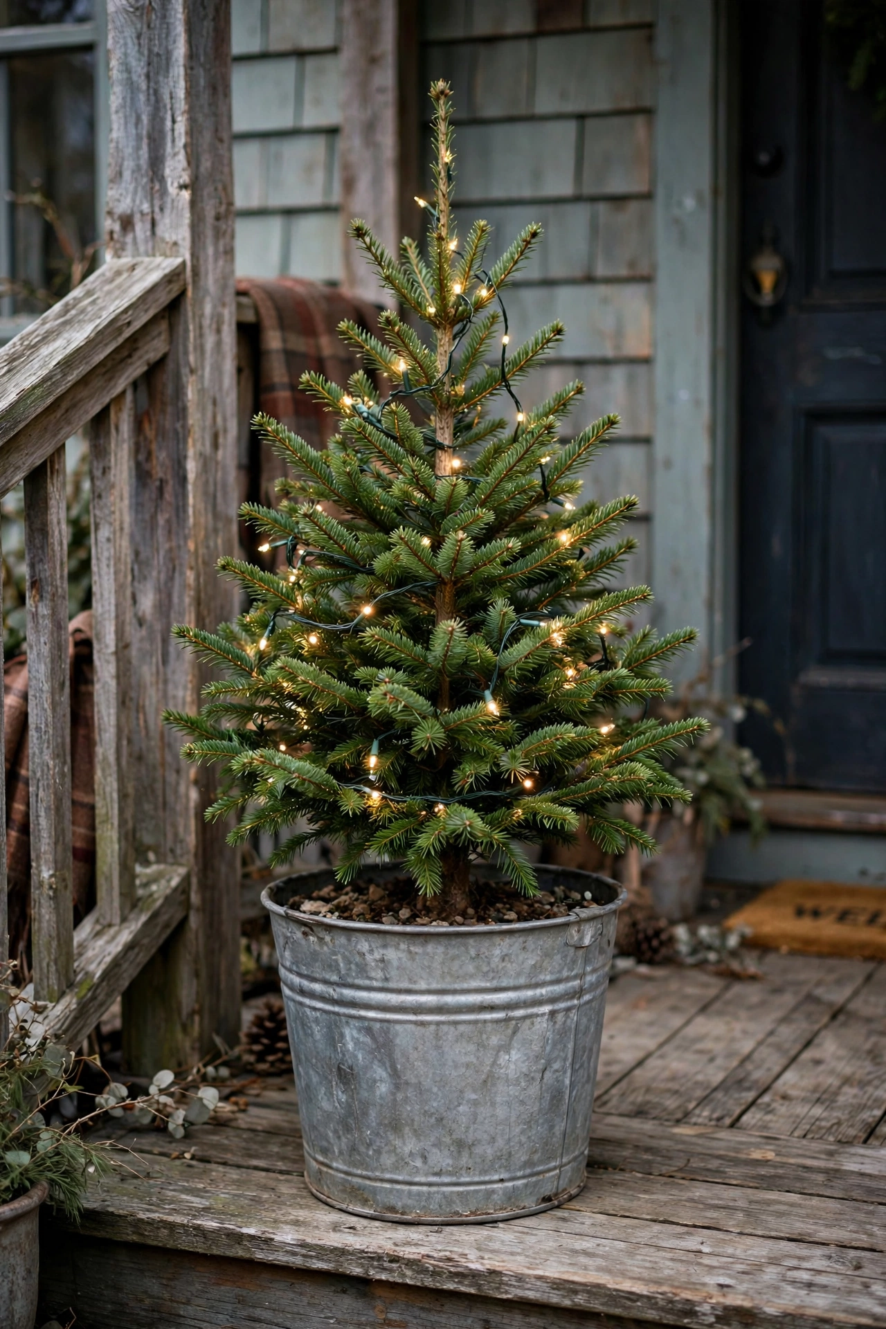 A small live Christmas tree in a galvanized metal bucket with lights on a rustic front porch.