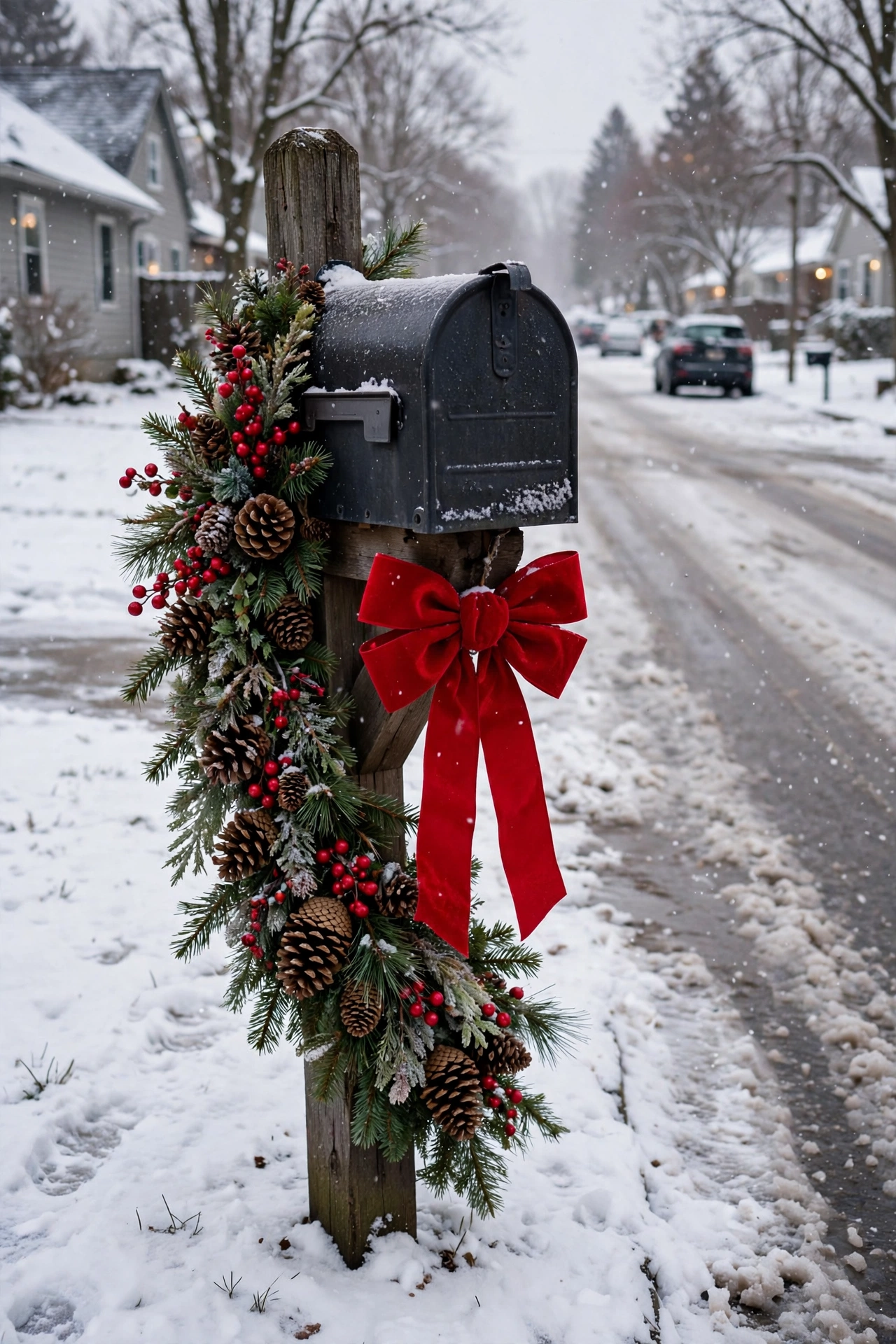 A mailbox post wrapped with a pinecone and berry Christmas swag and a red bow.
