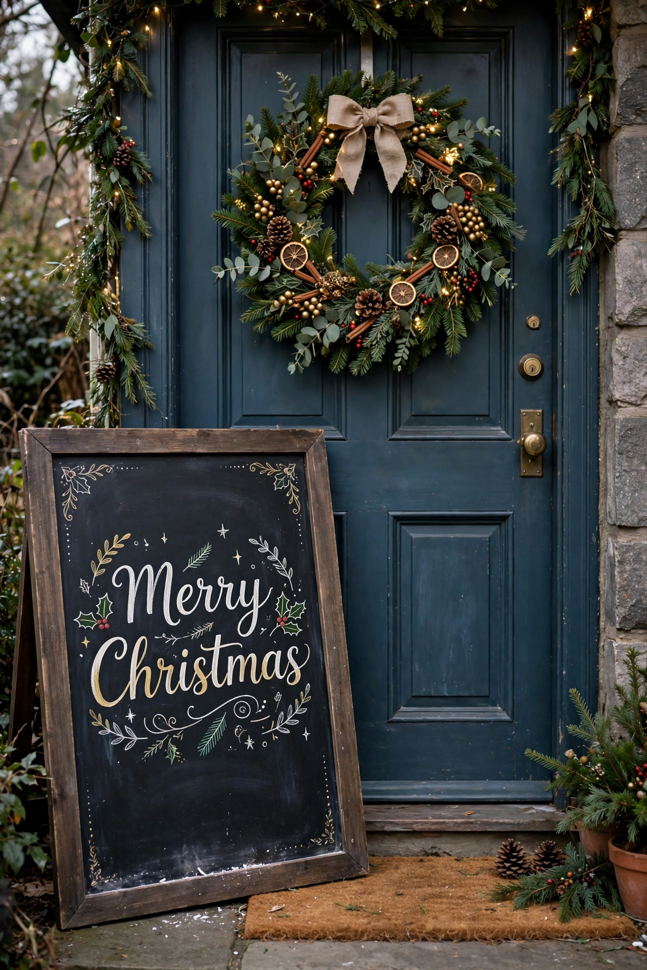 A chalkboard sign reading Merry Christmas leaning by a decorated front door.