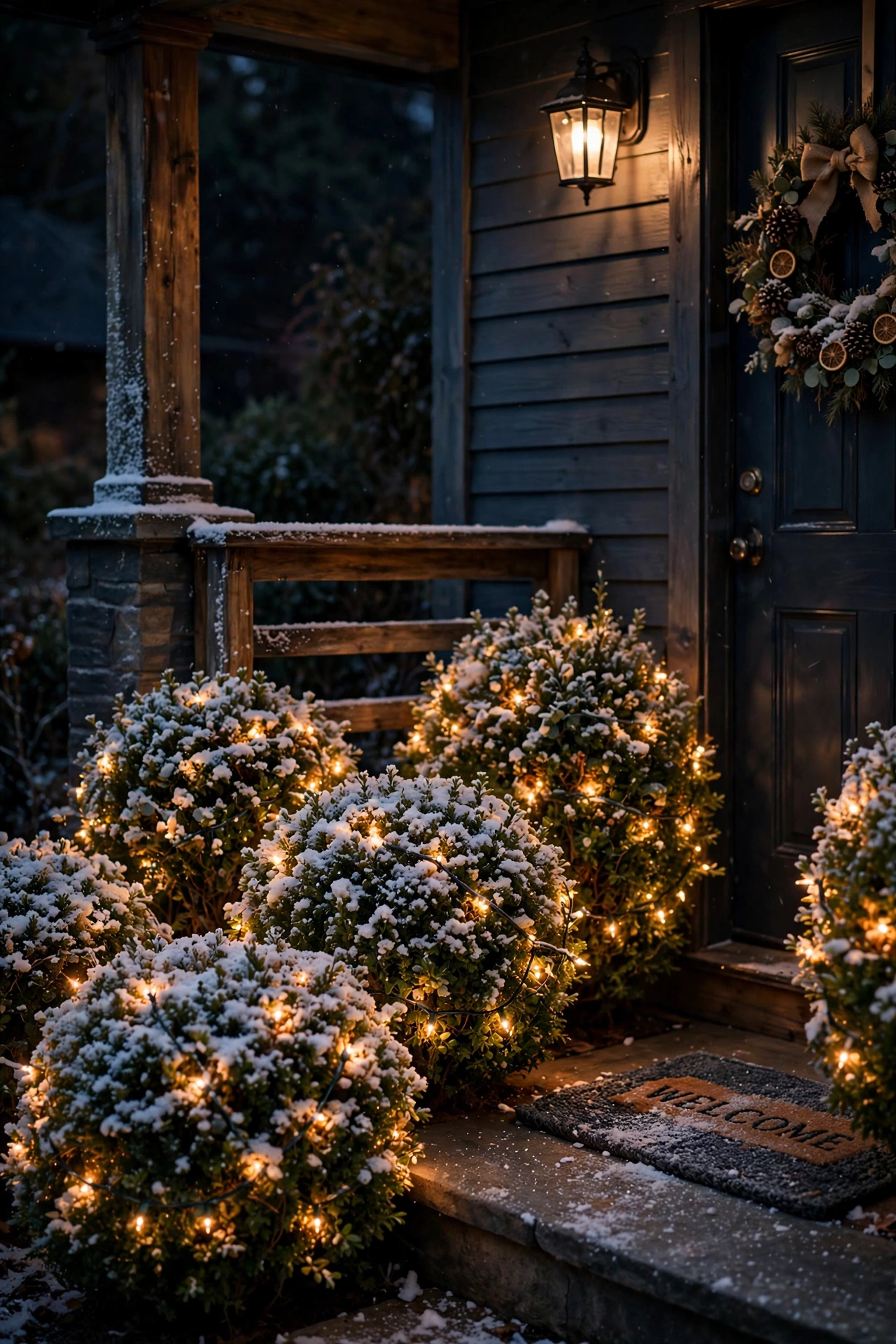 Front porch shrubs dusted with faux snow and wrapped in warm Christmas lights at night.