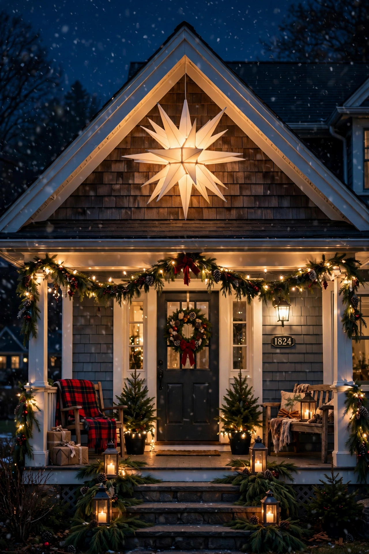 A glowing Moravian Christmas star mounted on the gable above a decorated front porch at night.